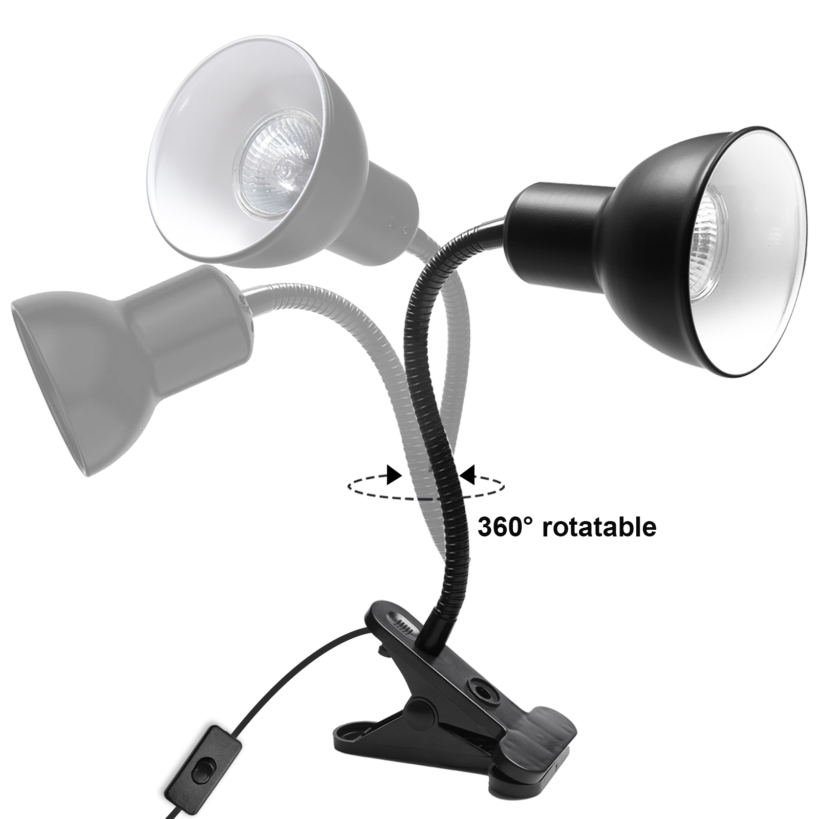 Reptile Heat Lamp with 25W E27 UVA+UVB Basking Light, Heat Spotlight Holder Clamp Lamp Fixture with 360° Rotating Neck & UK Plug(1-pack)