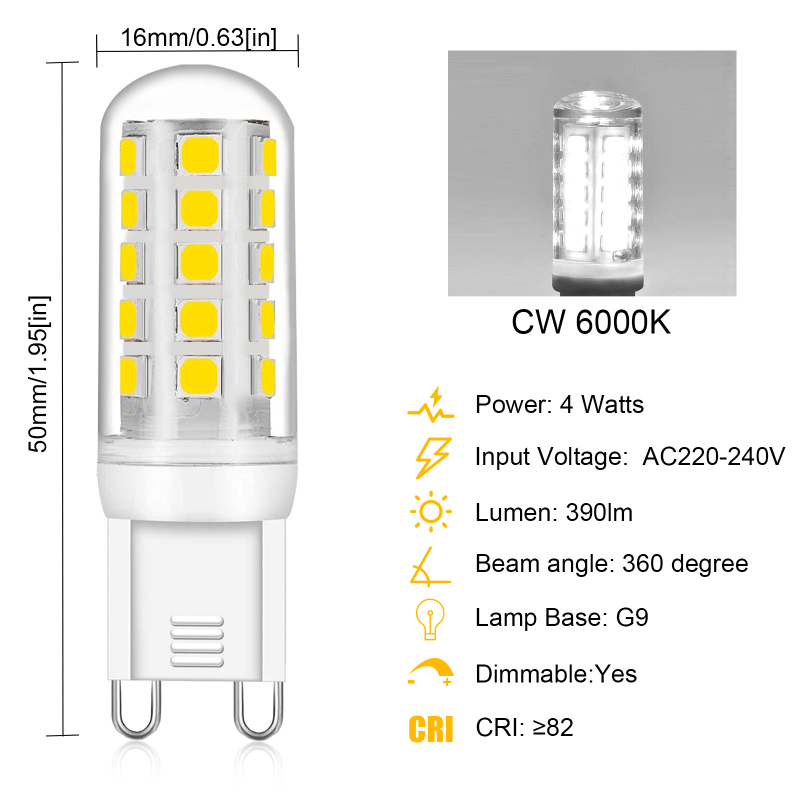 4W Dimmable G9 Halogen Bulb AC220-240V 390lm bi pin Energy Saving  for Chandelier Home Lighting Decor（5-pack）