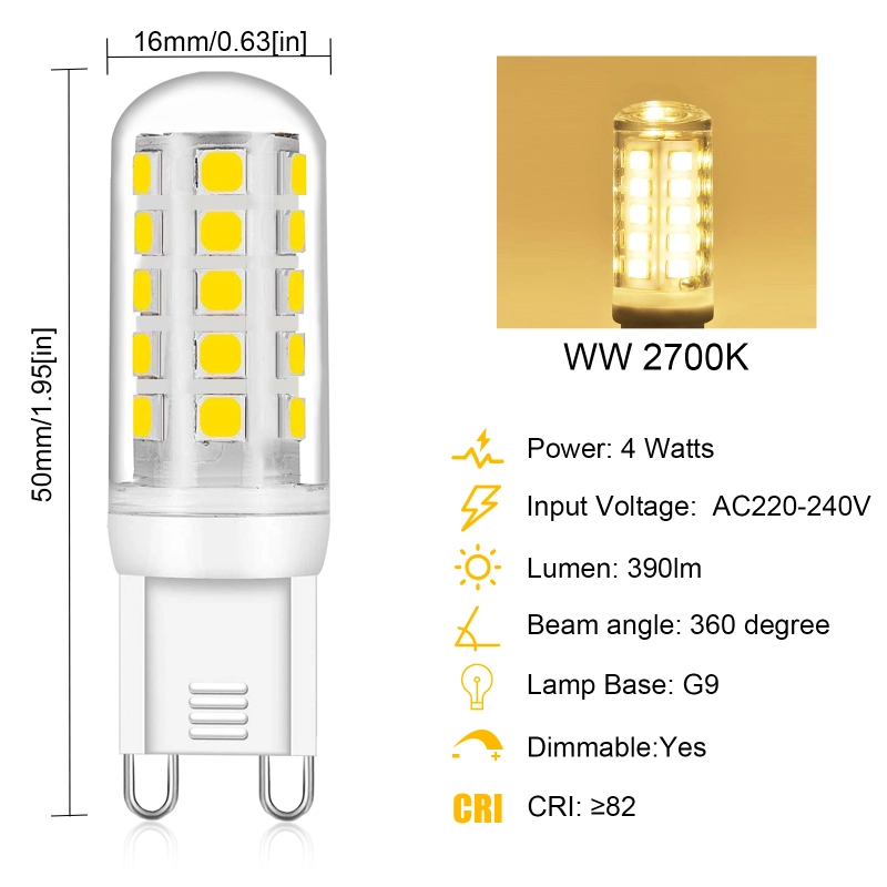 4W Dimmable G9 Halogen Bulb AC220-240V 390lm bi pin Energy Saving  for Chandelier Home Lighting Decor（5-pack）