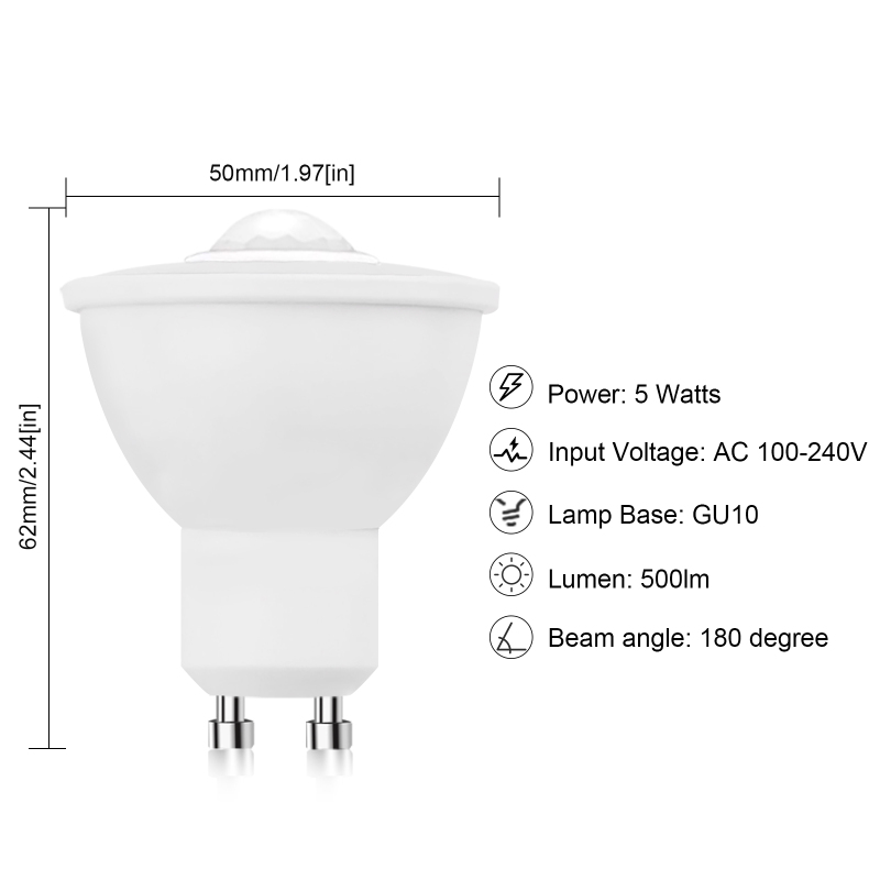 5W GU10  Smart LED Motion Sensor Spotlight Bulbs PIR Detection 500Lm Auto On/Off  for Stairs, Garage, Corridor, Walkway, Yard, Hallway(4-pack)