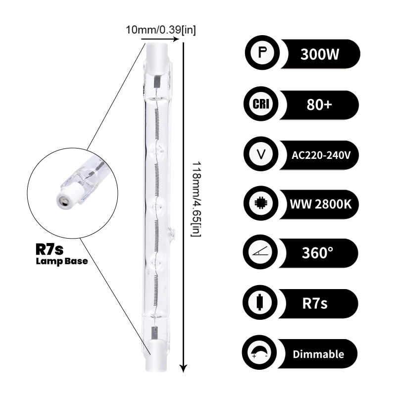 300W 118mm R7s Dimmable Halogen Light Bulb, J118 J Type Double Ended Base Floodlight Bulbs Super Bright Slim Reflector Lamps Warm White 2800K 5900LM 3