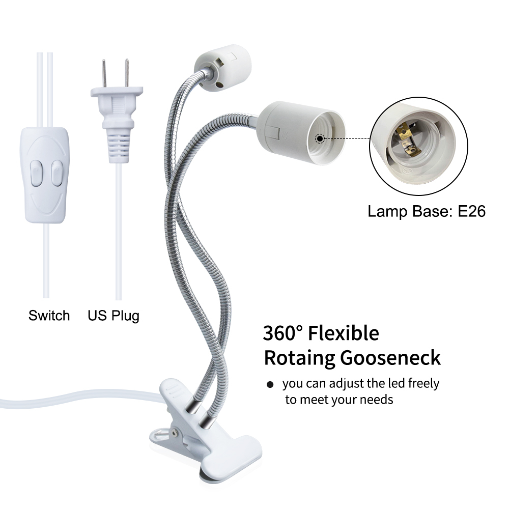 E26 Lamp Base Holder Clampable Double Body Double Switch Clamp Light Flexible Gooseneck as plant lamps for Desk (1-pack)