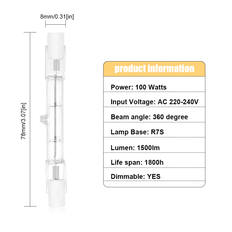 100W 78mm Dimmable R7S Halogen Bulb, J Type Linear Double Ended Floodlight Security Light Bulb Warm White 2800K(5-Pack)