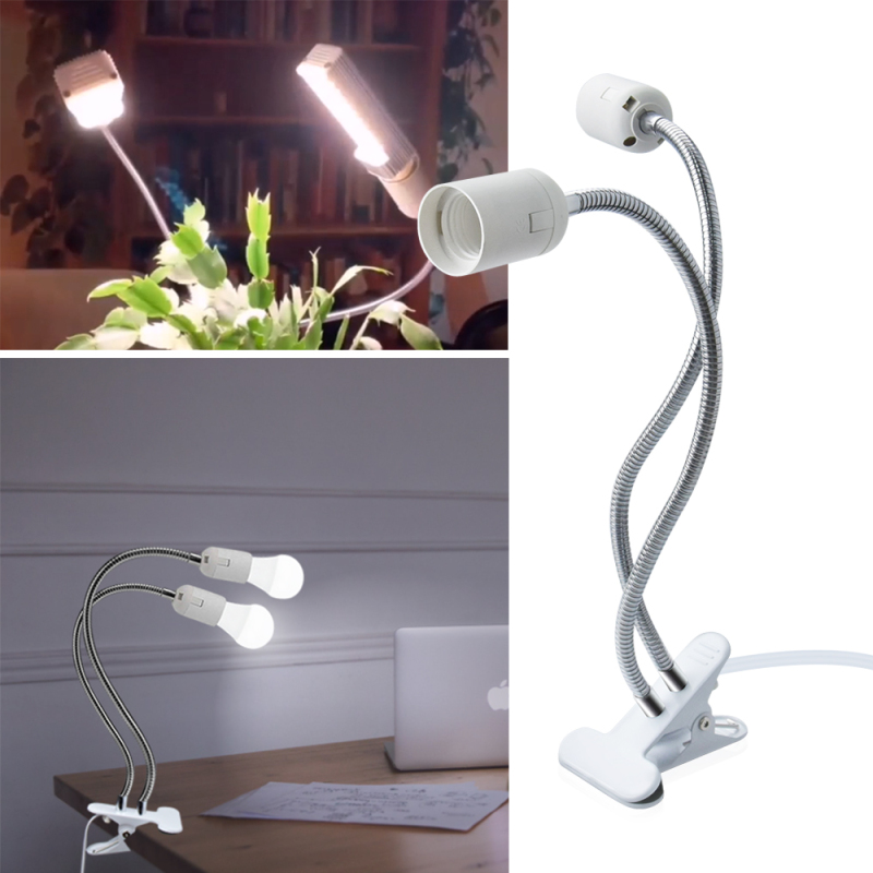 E27 Lamp Base Holder Clampable Double Body Double Switch Clamp Light Flexible Gooseneck as plant lamps for Desk (1-pack)