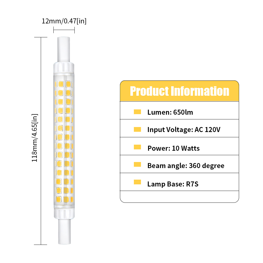 10W T3 R7S J118 LED Light Bulb, Double Ended Floodlight Bulb 120V, 120V Lamp 118mm Warm White 3000K for Work Light, Landscape Light (2-Pack)