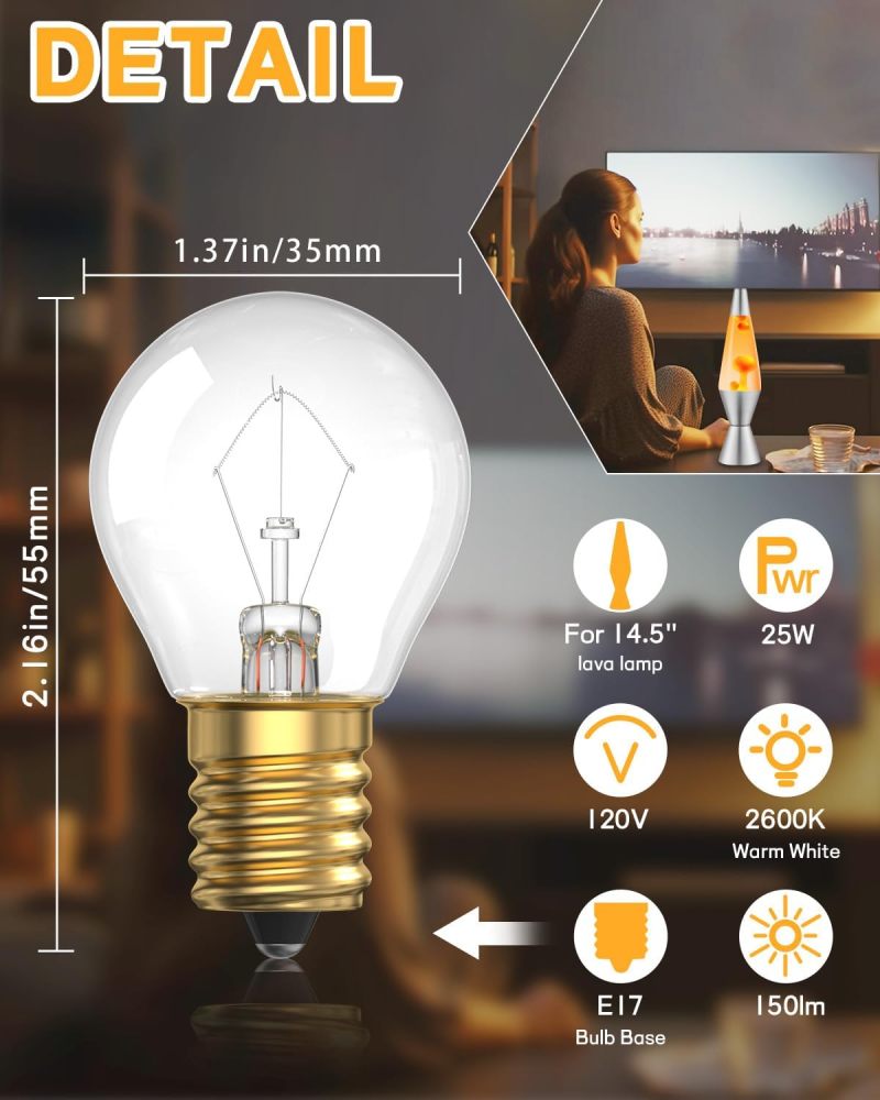 25W Lava Lamp Bulb, S11 E17 Base, 25W 120V for 14.5-Inch Lava Lamp Repalacement Bulb, Lava Lamp Light Bulb, Dimmable Bulbs E17 Base Bulbs 2-Pack