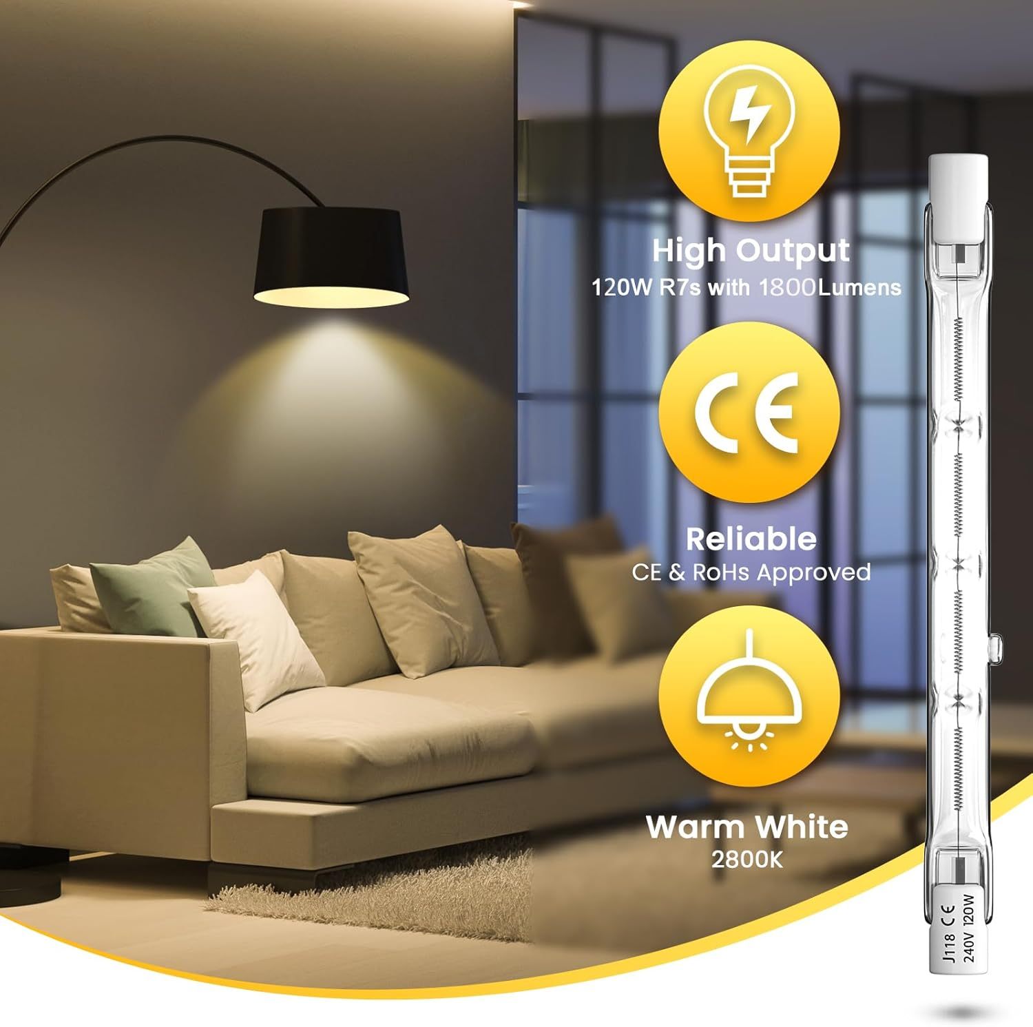 Lamptobe R7s Linear Halogen Bulb 118mm 120W, Dimmable J118 J Type Double Ended Floodlight Bulbs R7s LED Replacement 118mm Security Flood Halogen Light Bulbs Super Bright Warm White 2800K, 5-Pack