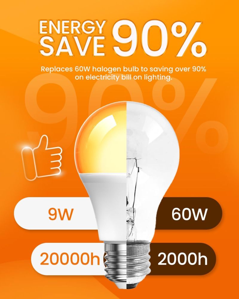 Aurahome 2000K Large Amber Hue Warm Light Globe ES GLS A19 E27 Screw in Bulb, 9W (60W Equivalent), Blue Light Blocking for Bedroom, Baby Nursery, 2 Pack