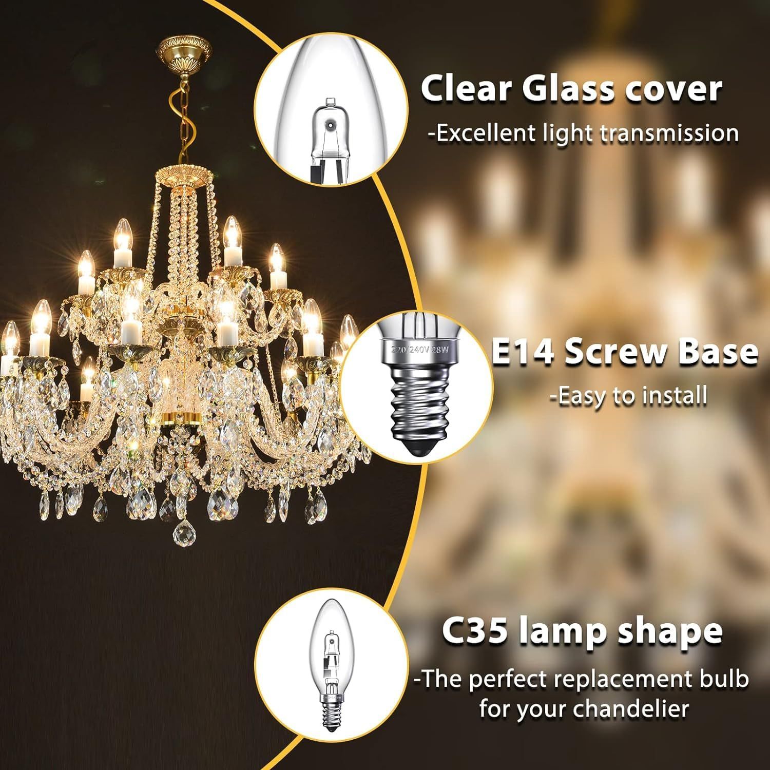 BrightArk 28W E14 Halogen Candle Bulbs, C35 E14 SES Small Edison Screw Bulb -Vintage Halogen Light Bulb for Chandelier Candle Light -Warm White 2700K - 310lm - Dimmable 6 Pack