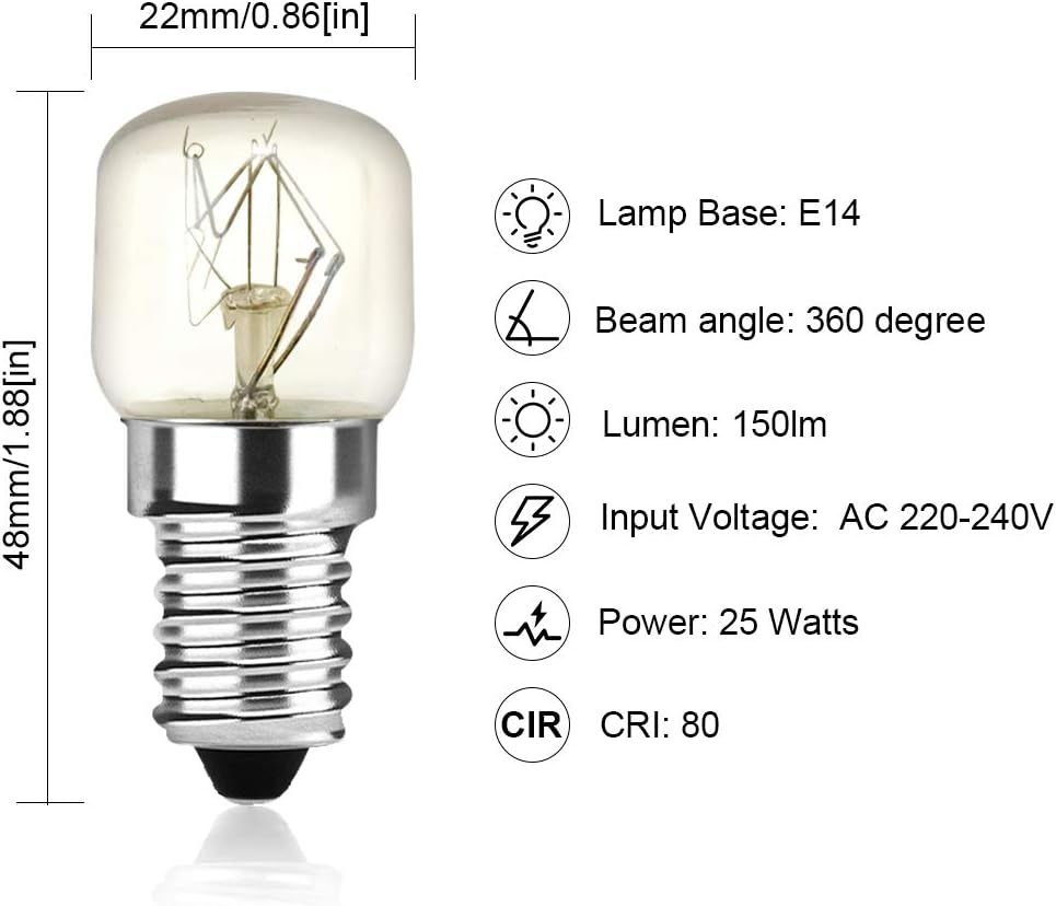 Klarlight 2 Pack Oven Bulb 25W E14 Incandescent Bulbs Dimmable Warm White 2400-2600K 300 Temperature Heat Resistant SES Small Edison Screw 360 Degree for Microwave, Fridge, Oven, Salt Lamp, Freezers