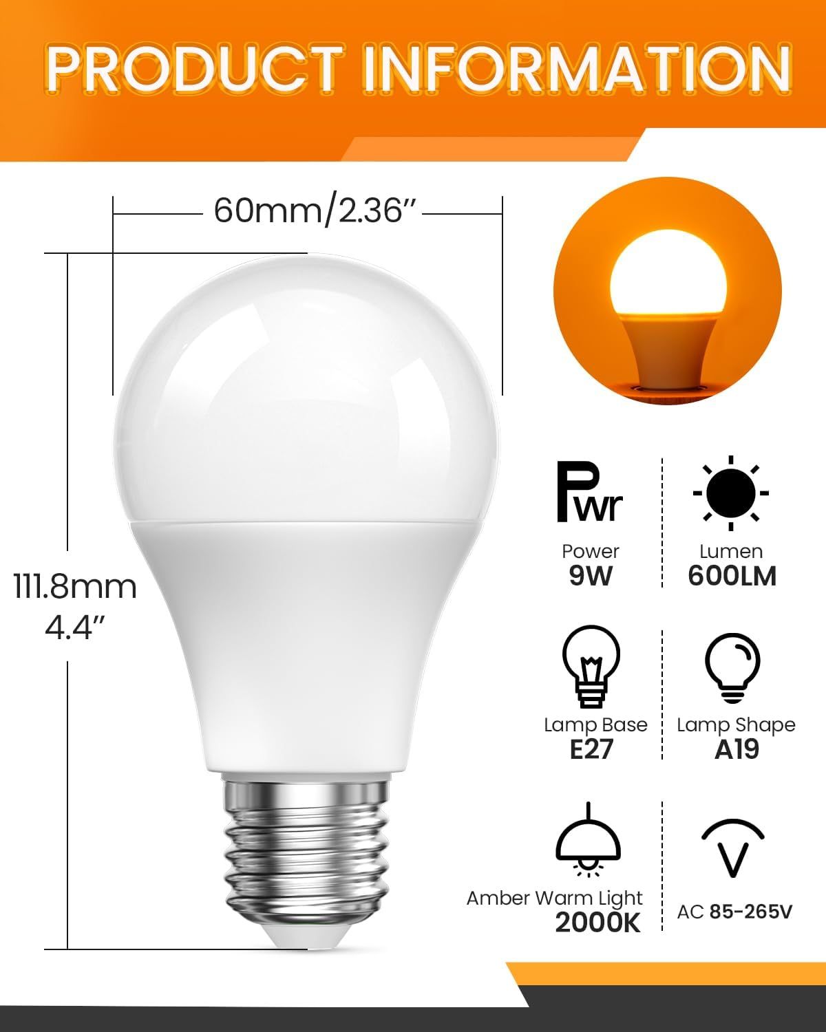 Aurahome 2000K Large Amber Hue Warm Light Globe ES GLS A19 E27 Screw in Bulb, 9W (60W Equivalent), Blue Light Blocking for Bedroom, Baby Nursery, 2 Pack