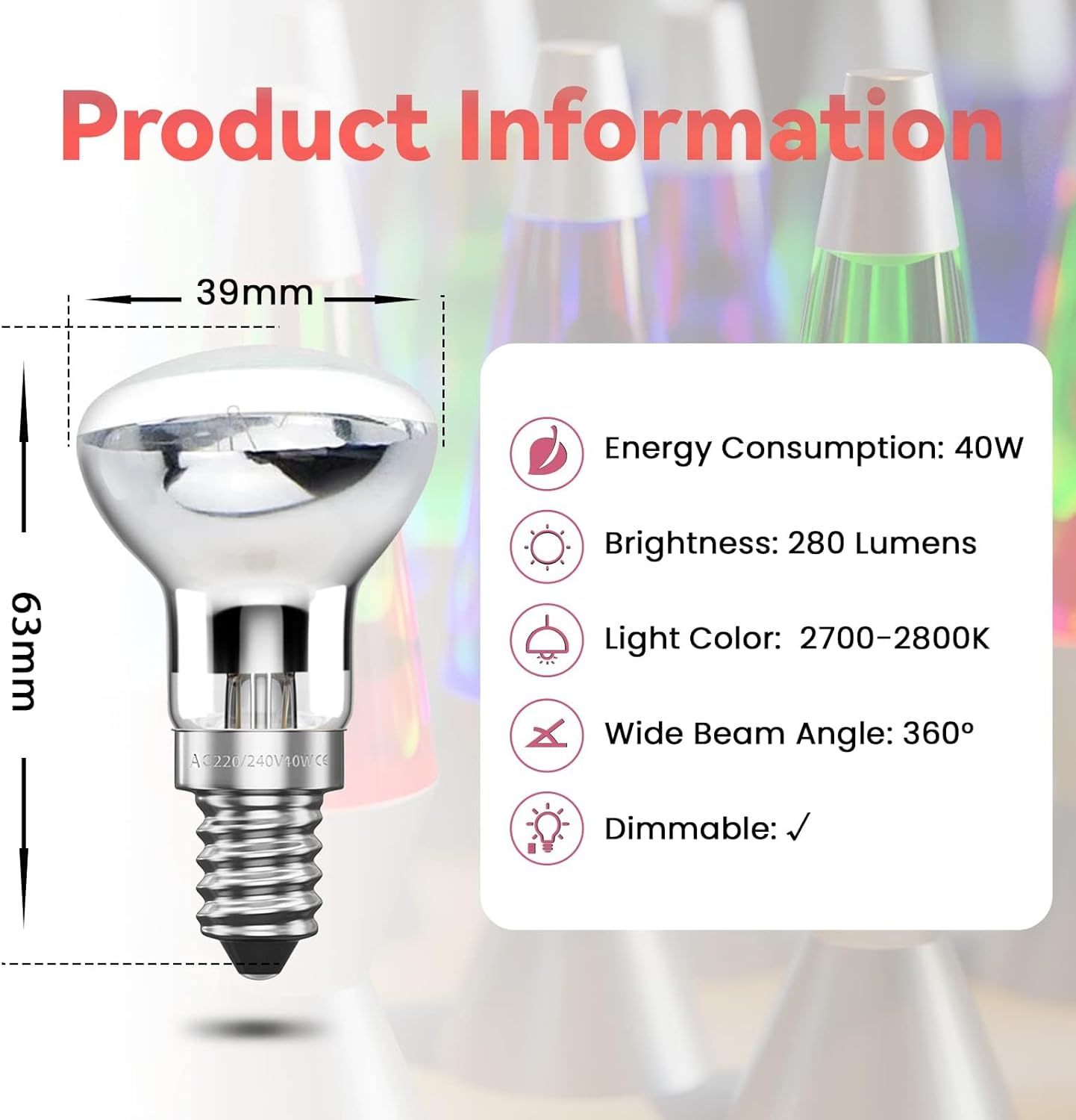 Bonlux R39 E14 Lava Lamps Bulbs 42W Dimmable Lava Light Bulb Small Edison Screw SES Warm White 2800K 240V Reflector Bulb Spot Lights 360° Wide Beam Angle (2-Pack)