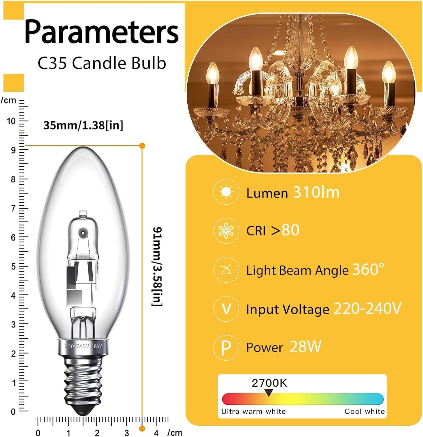 BrightArk 28W E14 Halogen Candle Bulbs, C35 E14 SES Small Edison Screw Bulb -Vintage Halogen Light Bulb for Chandelier Candle Light -Warm White 2700K - 310lm - Dimmable 6 Pack