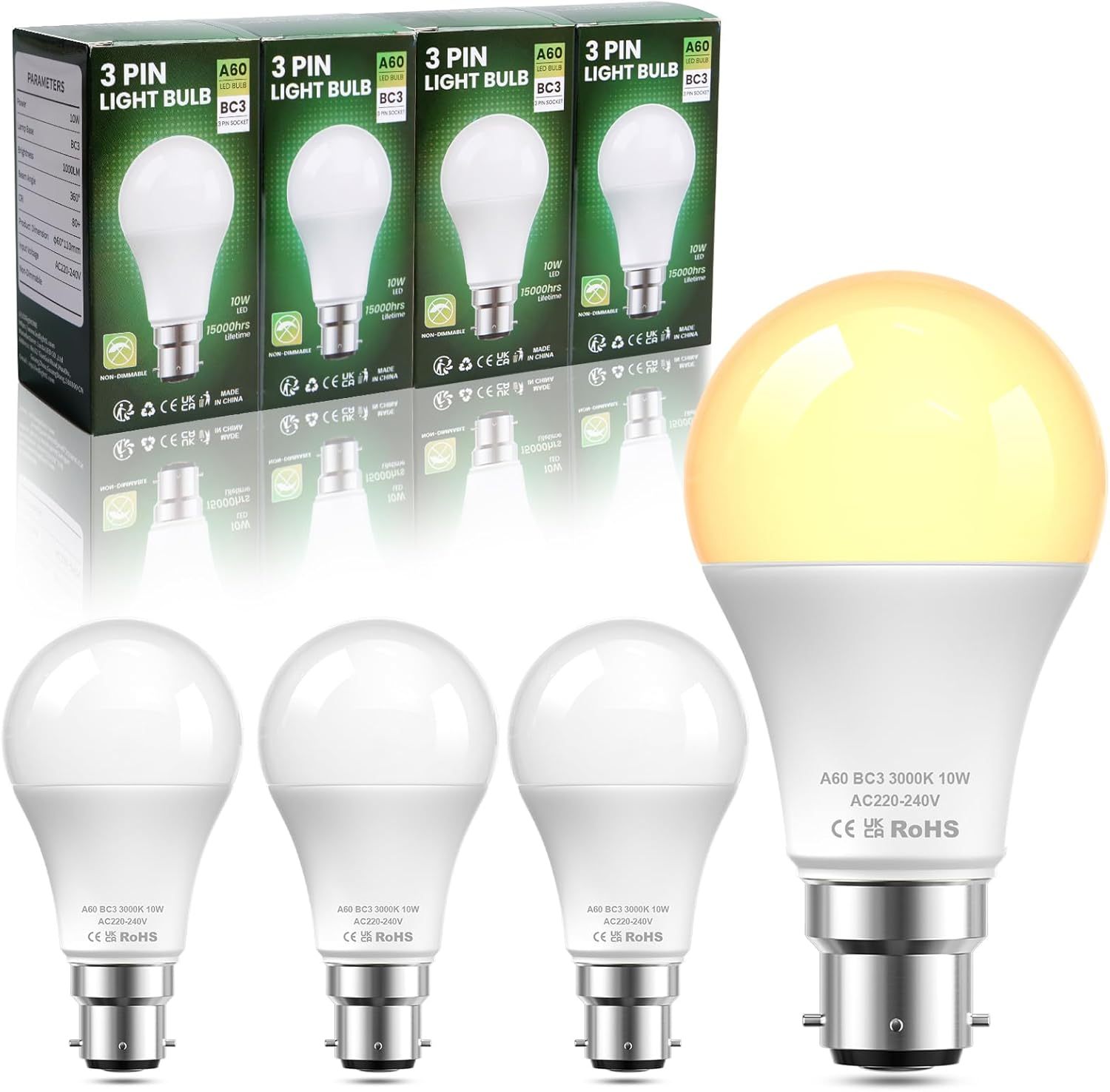 BrightArk BC3 3 Pin Light Bulbs,Non Dimmable 10W Energy Saving LED Light Bulb,75W Equivalent,240v 3000k Warm White A60 LED Light Bulbs for Ceiling Light,Landing Light,Hallway Light,Pack of 4