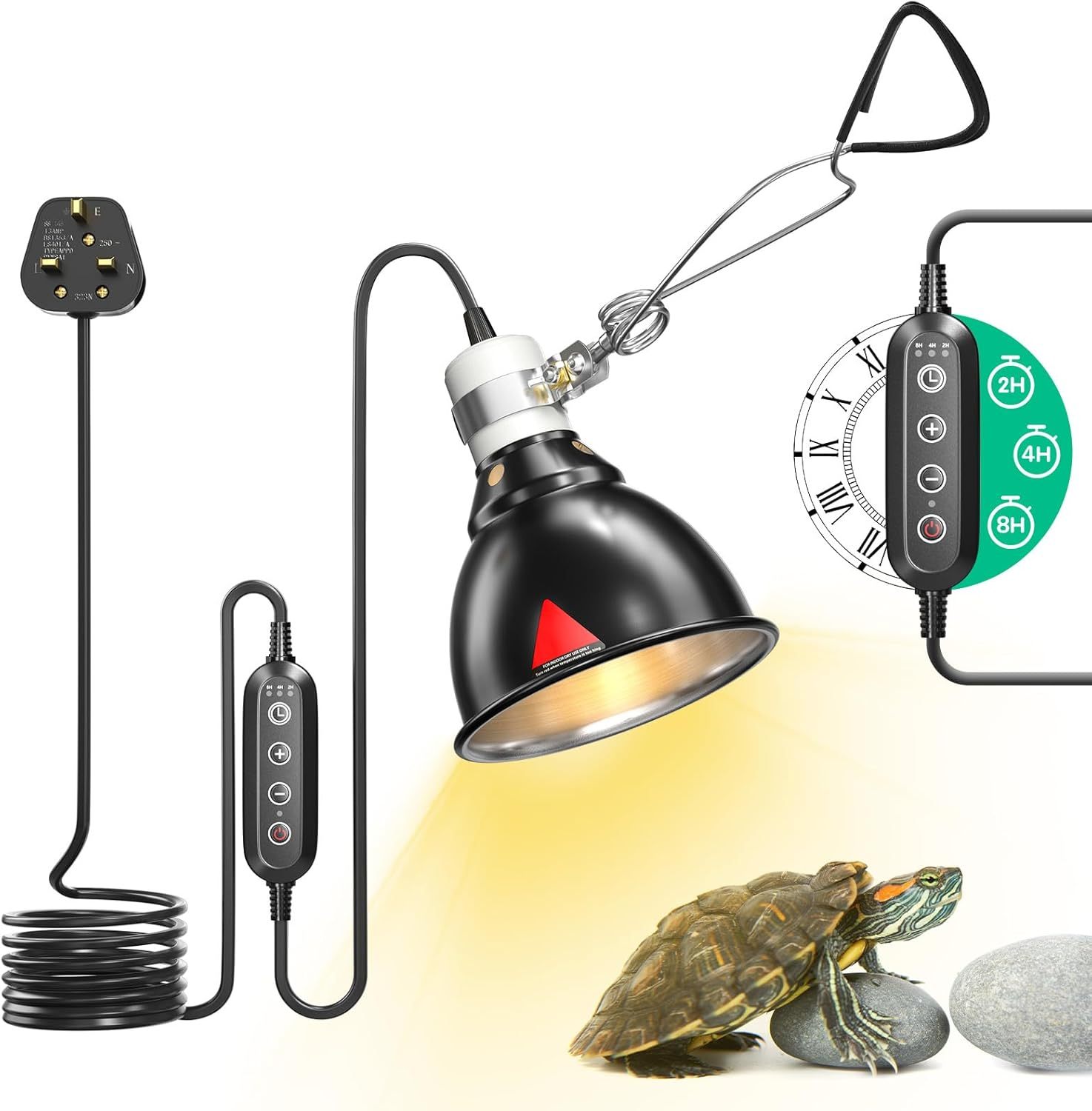HeatingLux Reptile Heat Lamp, Reptile Dome Light Fixture with Timer, Tortoise Heat Lamp with Clamp,Terrarium Hood lamp for Reptile, Tortoise, Beard Dragon