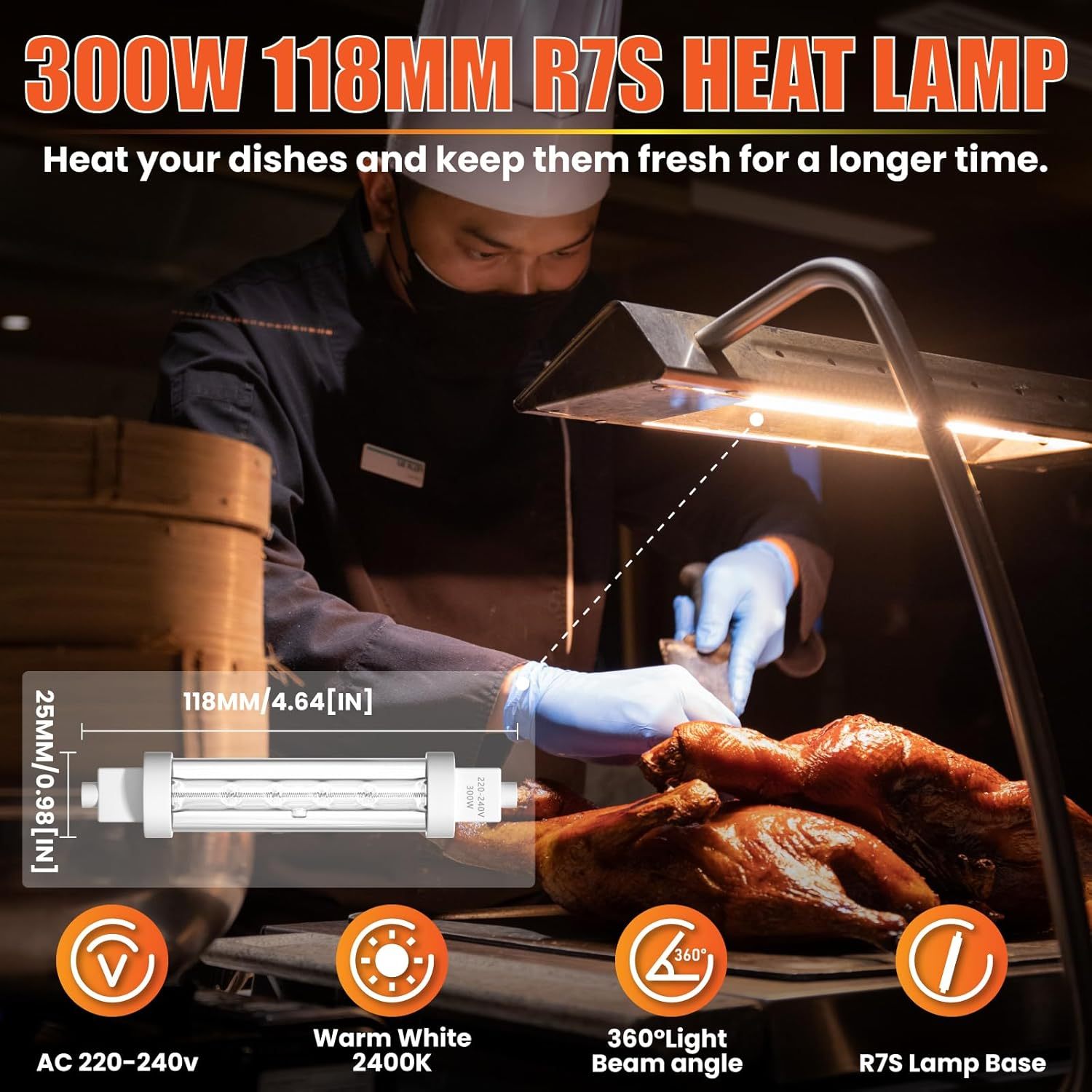 Lamptobe 118MM R7S Heat Lamp Bulbs 300w, Gantry Lights Jacketed Food Heat Bulbs Warm White 2700K, Catering Halogen Heat Lamp Bulb 240V for Kitchen,Catered Event,Canteen,Buffets(Pack of 4)