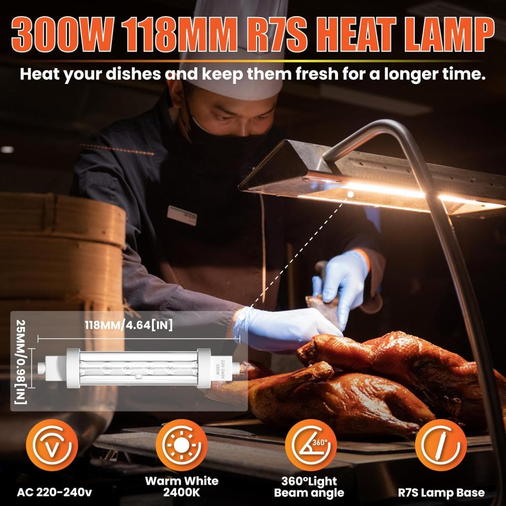 Lamptobe 118MM R7S Heat Lamp Bulbs 300w, Gantry Lights Jacketed Food Heat Bulbs Warm White 2700K, Catering Halogen Heat Lamp Bulb 240V for Kitchen,Catered Event,Canteen,Buffets(Pack of 4)