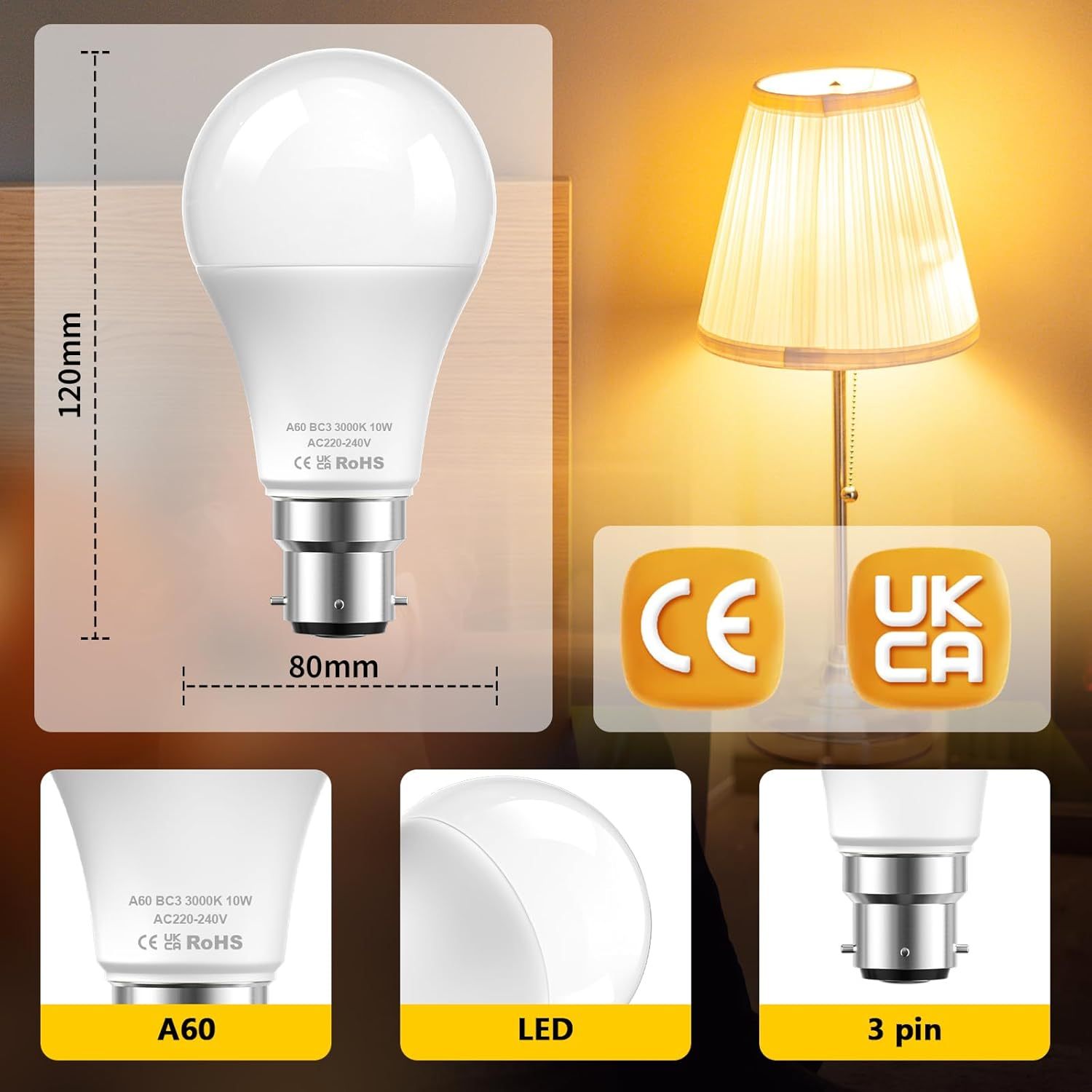BrightArk BC3 3 Pin Light Bulbs,Non Dimmable 10W Energy Saving LED Light Bulb,75W Equivalent,240v 3000k Warm White A60 LED Light Bulbs for Ceiling Light,Landing Light,Hallway Light,Pack of 4