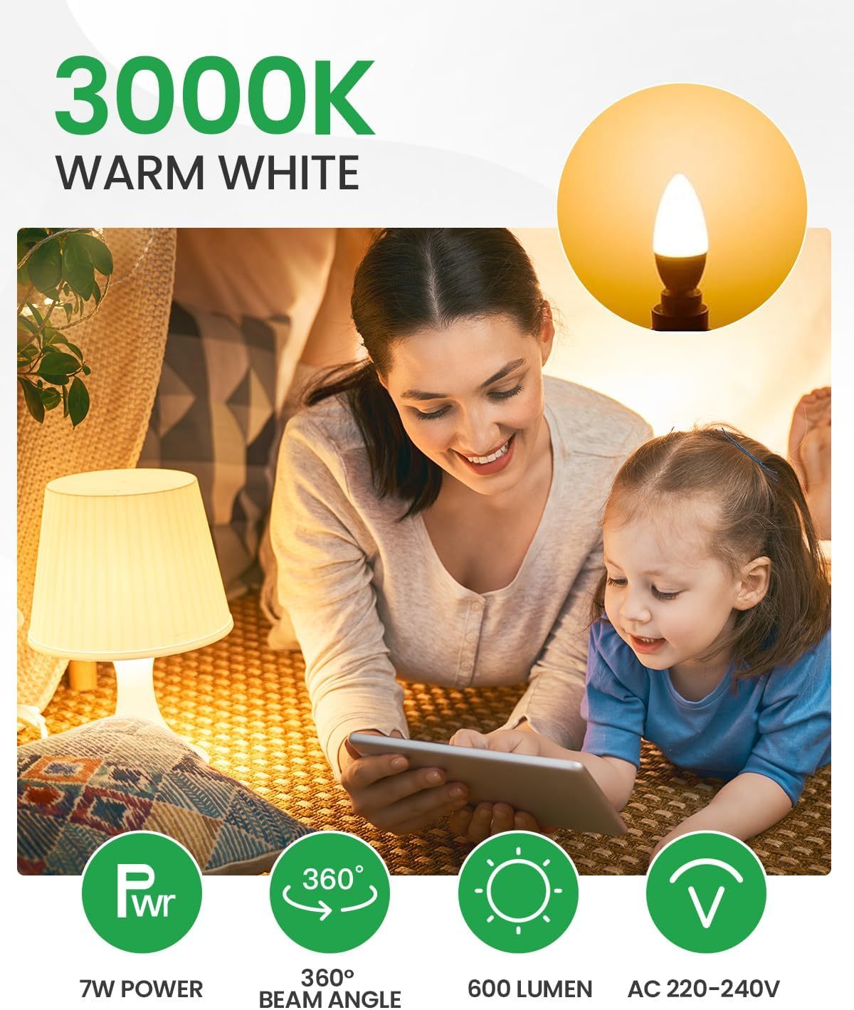 Lamptobe Candle E27 Screw Bulb, Large Screw in Light Bulb E27 LED Bulb, Non-dimmable 7W C37 ES Candle Light Bulbs for Chandelier and Ceiling Pendant, Warm White 3000K, 2-Pack