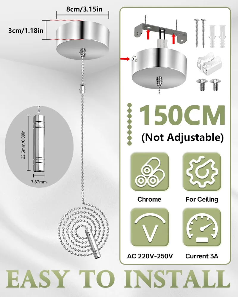 TobeBright Bathroom Light Pull Cord Switch with Chain Kit Ceiling ...