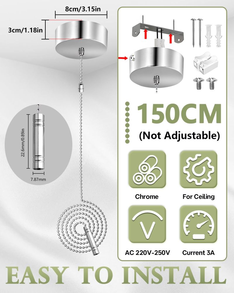TobeBright Bathroom Light Pull Cord Switch with Chain Kit Ceiling Mounted Chrome Chain Kit Pendant Light Cord Pull Silver Bathroom Accessories
