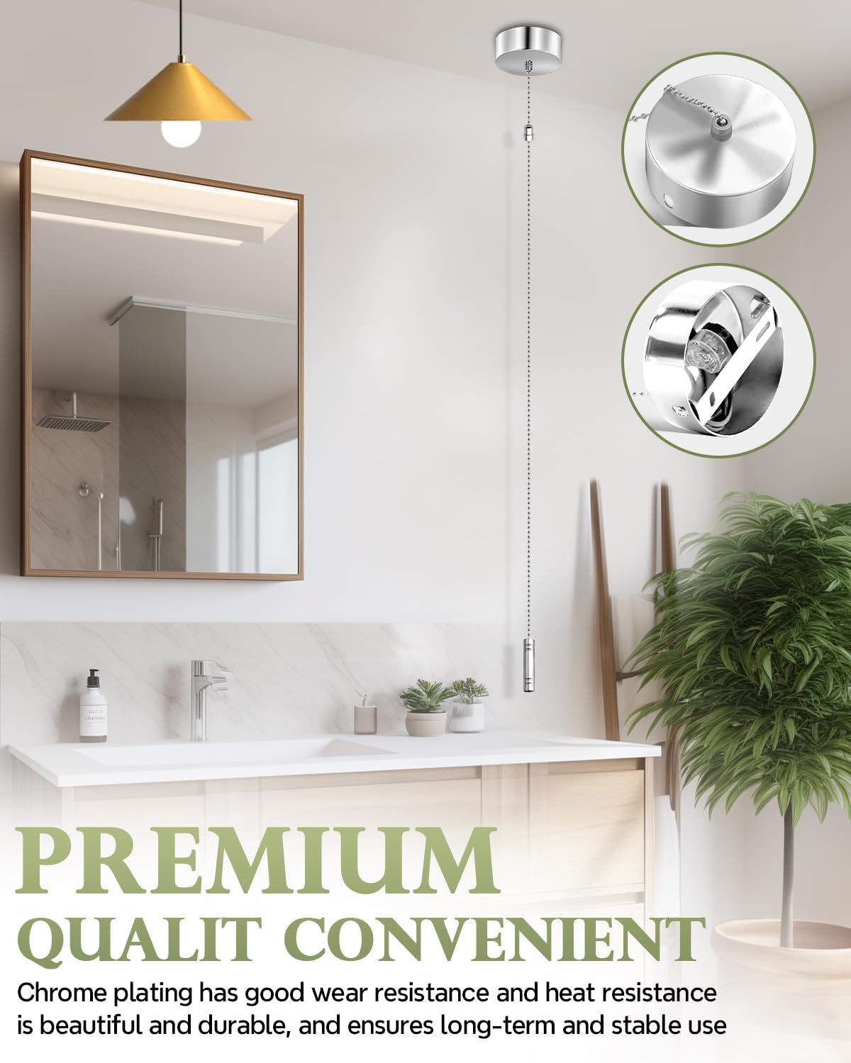 TobeBright Bathroom Light Pull Cord Switch with Chain Kit Ceiling Mounted Chrome Chain Kit Pendant Light Cord Pull Silver Bathroom Accessories