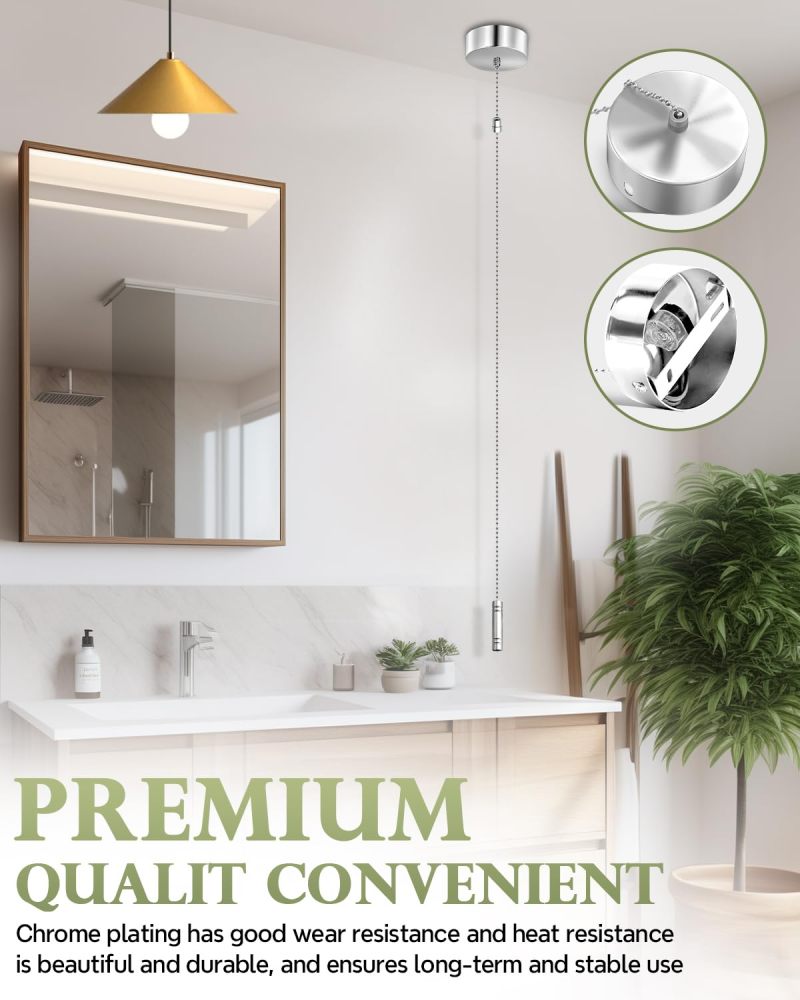 TobeBright Bathroom Light Pull Cord Switch with Chain Kit Ceiling Mounted Chrome Chain Kit Pendant Light Cord Pull Silver Bathroom Accessories