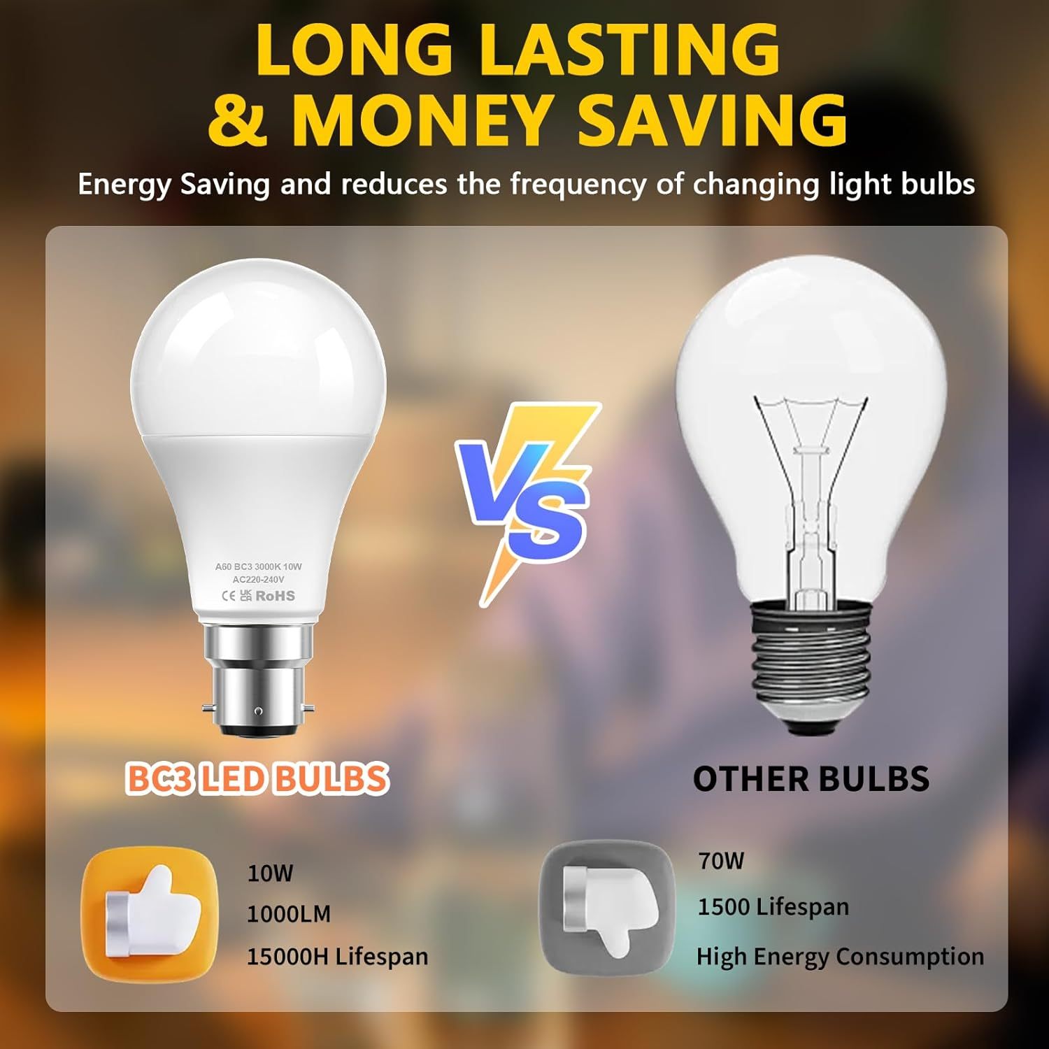 BrightArk BC3 3 Pin Light Bulbs,Non Dimmable 10W Energy Saving LED Light Bulb,75W Equivalent,240v 3000k Warm White A60 LED Light Bulbs for Ceiling Light,Landing Light,Hallway Light,Pack of 4