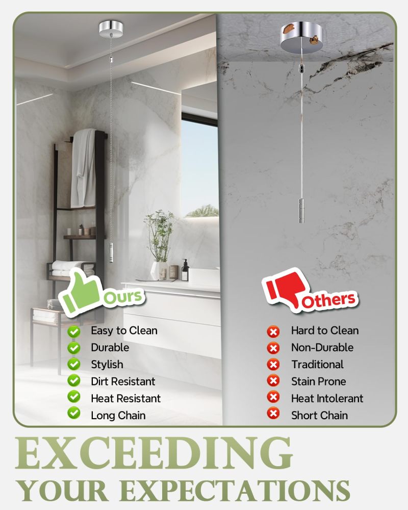 TobeBright Bathroom Light Pull Cord Switch with Chain Kit Ceiling Mounted Chrome Chain Kit Pendant Light Cord Pull Silver Bathroom Accessories