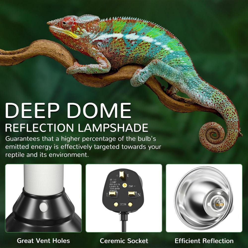HeatingLux Reptile Heat Lamp, Reptile Dome Light Fixture with Timer, Tortoise Heat Lamp with Clamp,Terrarium Hood lamp for Reptile, Tortoise, Beard Dragon