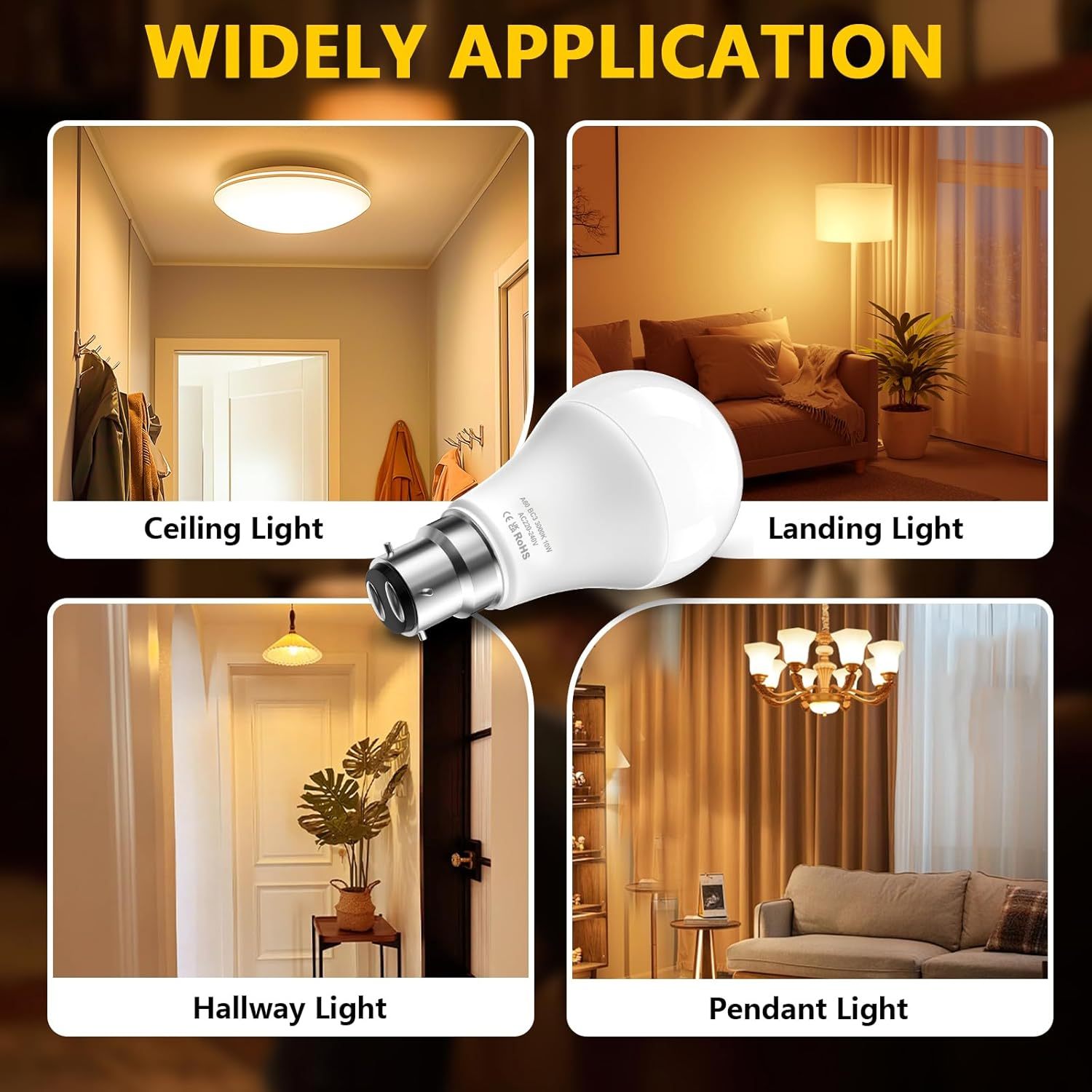 BrightArk BC3 3 Pin Light Bulbs,Non Dimmable 10W Energy Saving LED Light Bulb,75W Equivalent,240v 3000k Warm White A60 LED Light Bulbs for Ceiling Light,Landing Light,Hallway Light,Pack of 4