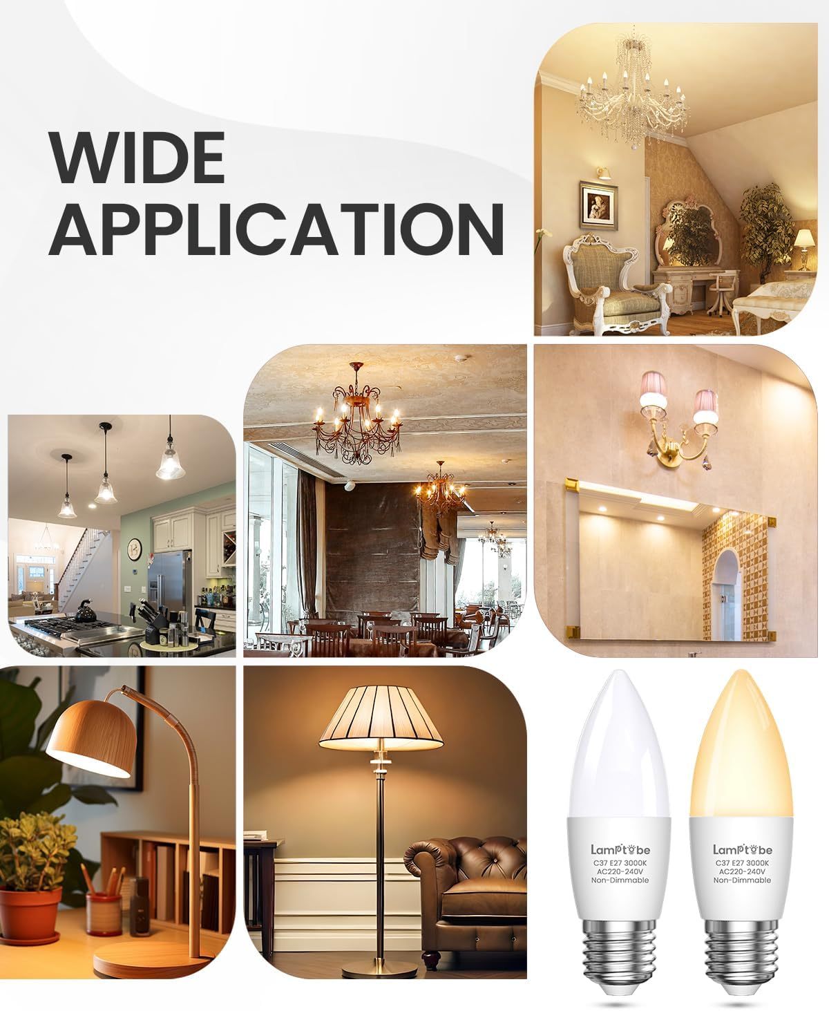 Lamptobe Candle E27 Screw Bulb, Large Screw in Light Bulb E27 LED Bulb, Non-dimmable 7W C37 ES Candle Light Bulbs for Chandelier and Ceiling Pendant, Warm White 3000K, 2-Pack