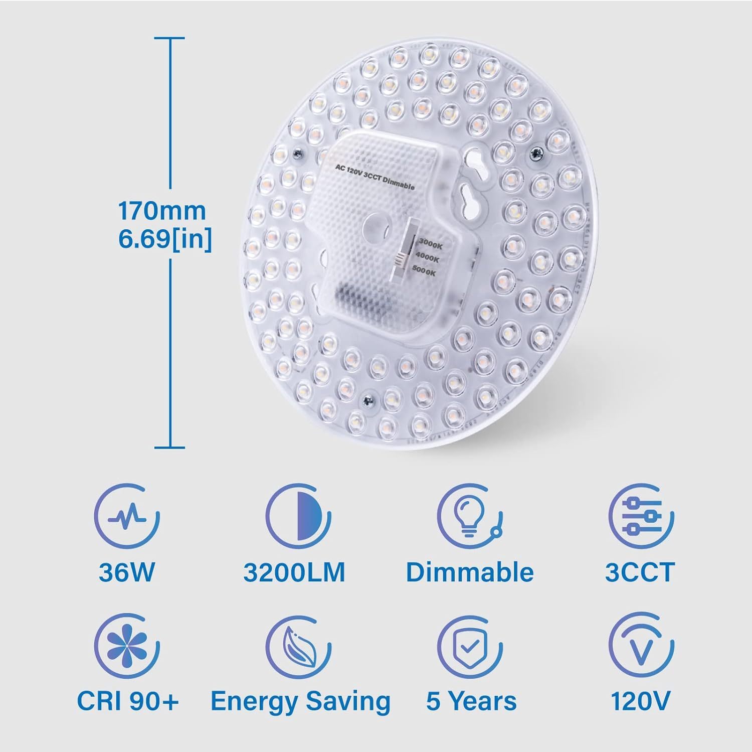 2Pack 36W LED Light Engine Retrofit Kit,6.69inch 3200LM 3CCT 3000K/4000K/5000K Dimmable Ceiling Fan Light Kits,AC 120-130V Ceiling Fan Light Replacement for Ceiling Flush Light
