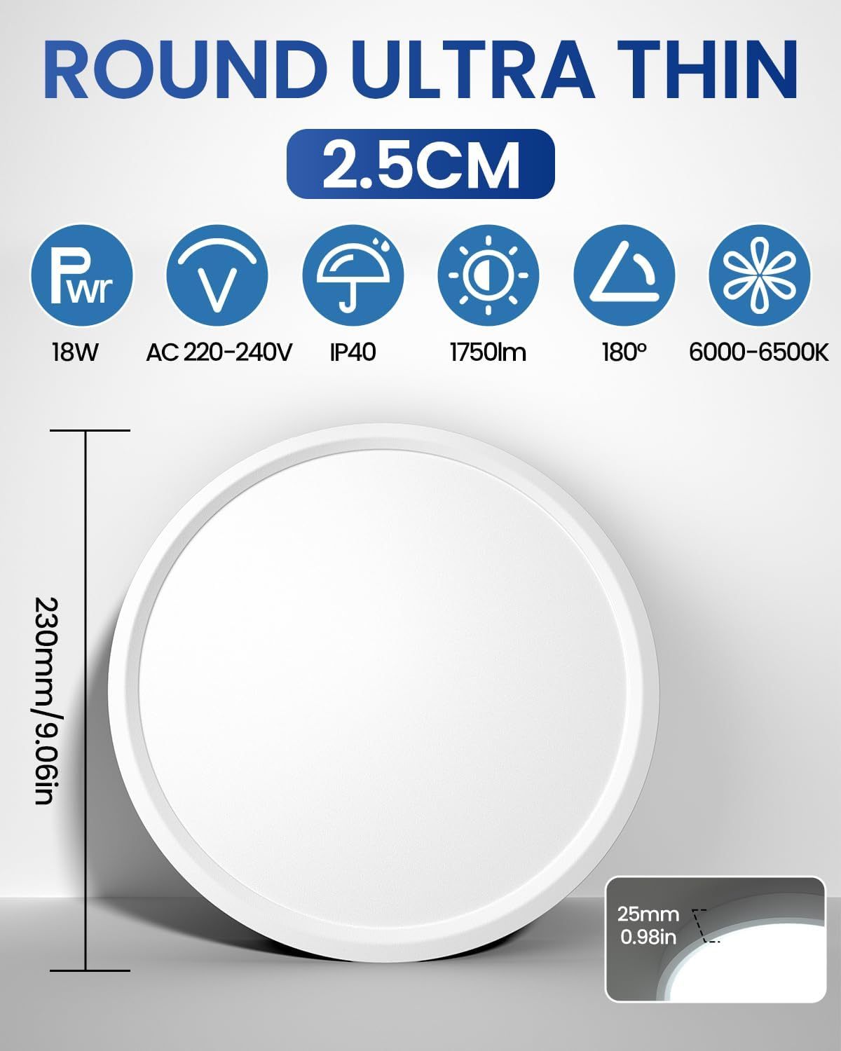 Klarlight Bathroom Lights Ceiling，18W 1750LM LED Ceiling Lights，6500K Daylight White，100W Equivalent，Waterproof Flush Mount Lamp Living Room，Bedroom，Kitchen，Office，Porch，23*23*2.5cm (2454-2-WW)
