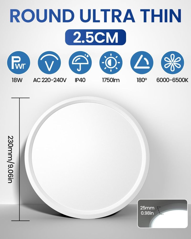 Klarlight Bathroom Lights Ceiling，18W 1750LM LED Ceiling Lights，6500K Daylight White，100W Equivalent，Waterproof Flush Mount Lamp Living Room，Bedroom，Kitchen，Office，Porch，23*23*2.5cm (2454-2-WW)