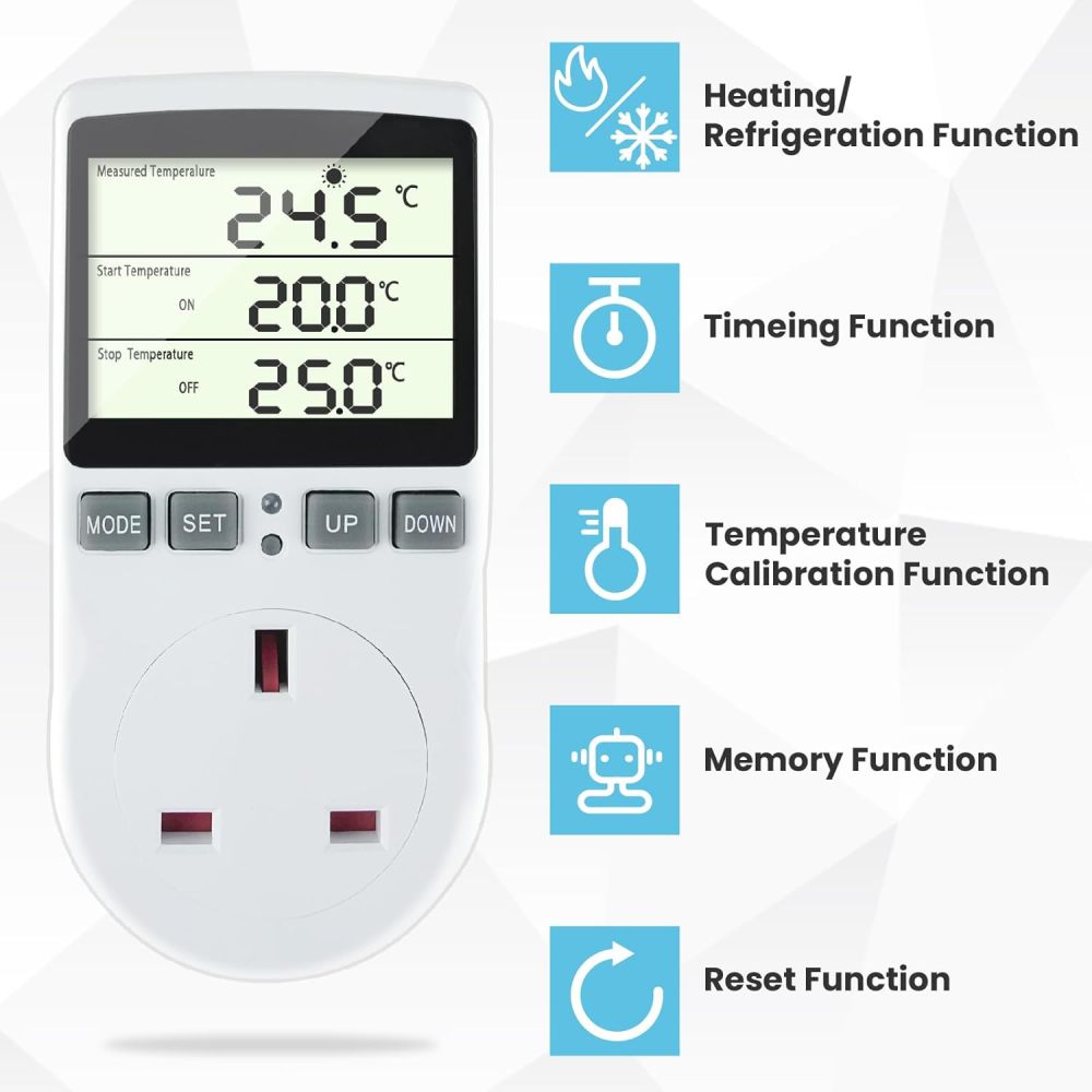 Doright Digital Temperature Controller,LCD Screen Heating Cooling Temperature Switch,Thermostat UK Plug 250V/13A Digital Temperature Controller for Greenhouse Farm Terrarium Reptile
