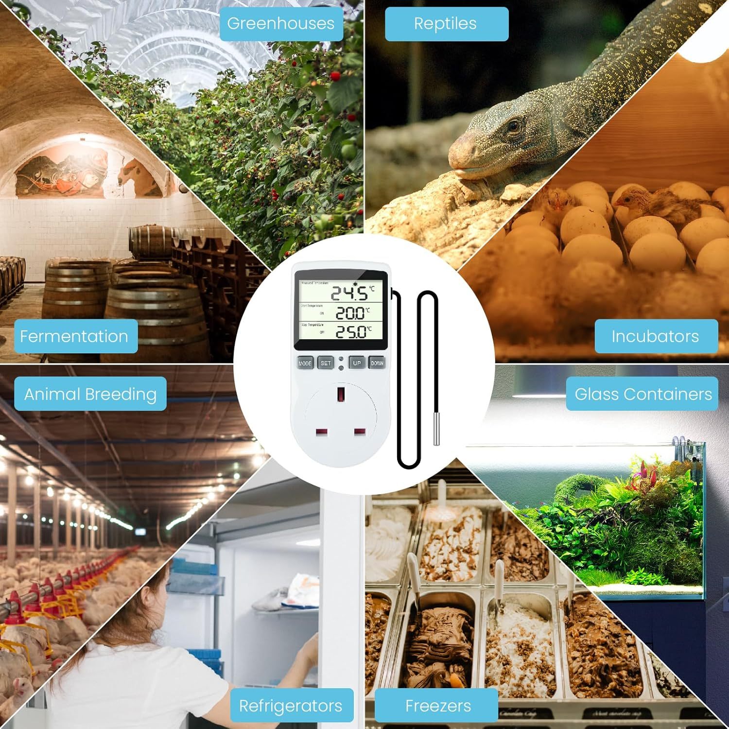 Doright Digital Temperature Controller,LCD Screen Heating Cooling Temperature Switch,Thermostat UK Plug 250V/13A Digital Temperature Controller for Greenhouse Farm Terrarium Reptile