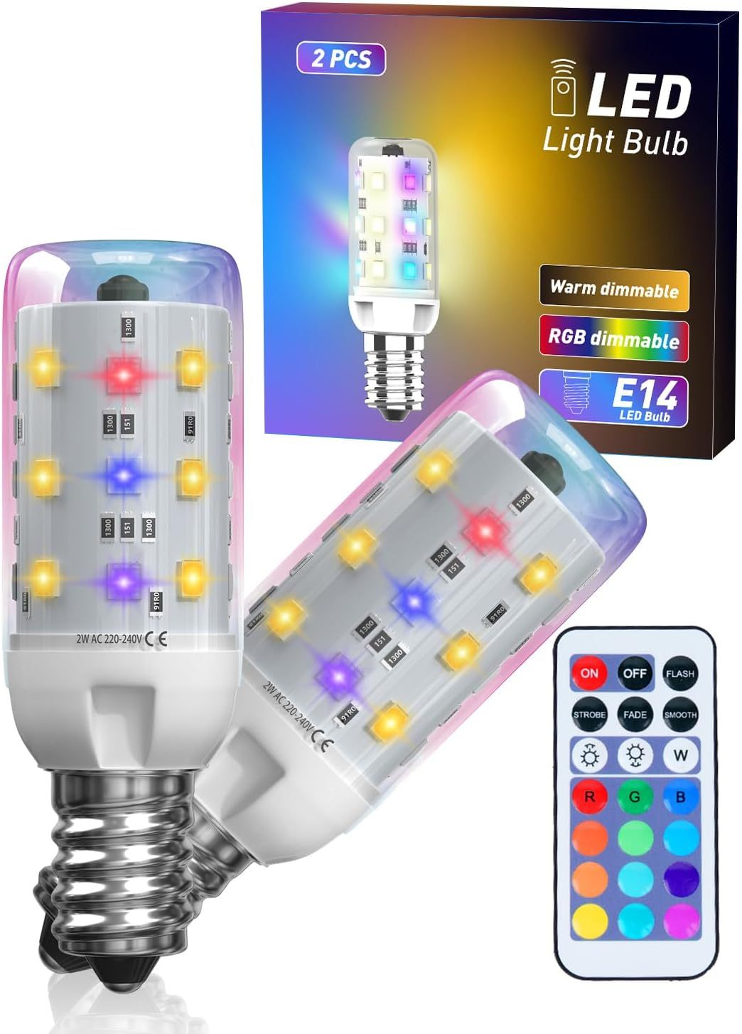 LumiGo 2W E14 Colour Changing Light Bulb with Remote Control RGB E14 LED Light Bulb Small Screw SES, Dimmable, 12 RGB Colours and Warm White 3000K, 4 Modes, 2 Pack