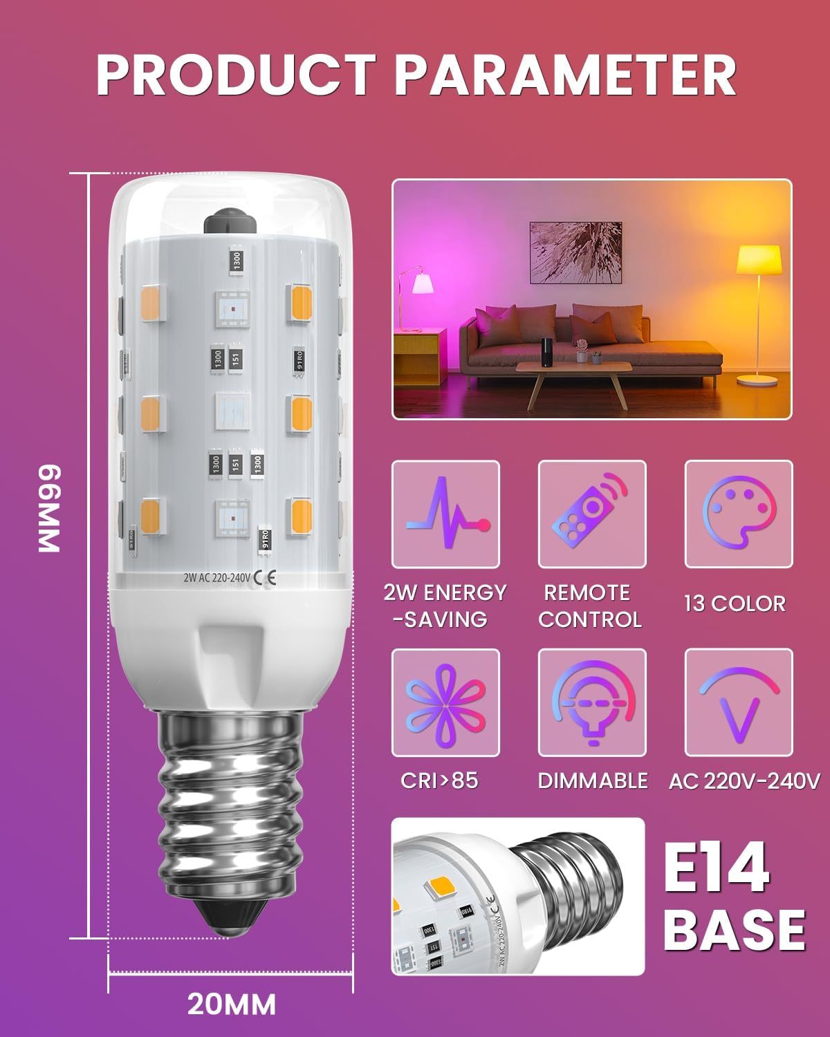 LumiGo 2W E14 Colour Changing Light Bulb with Remote Control RGB E14 LED Light Bulb Small Screw SES, Dimmable, 12 RGB Colours and Warm White 3000K, 4 Modes, 2 Pack