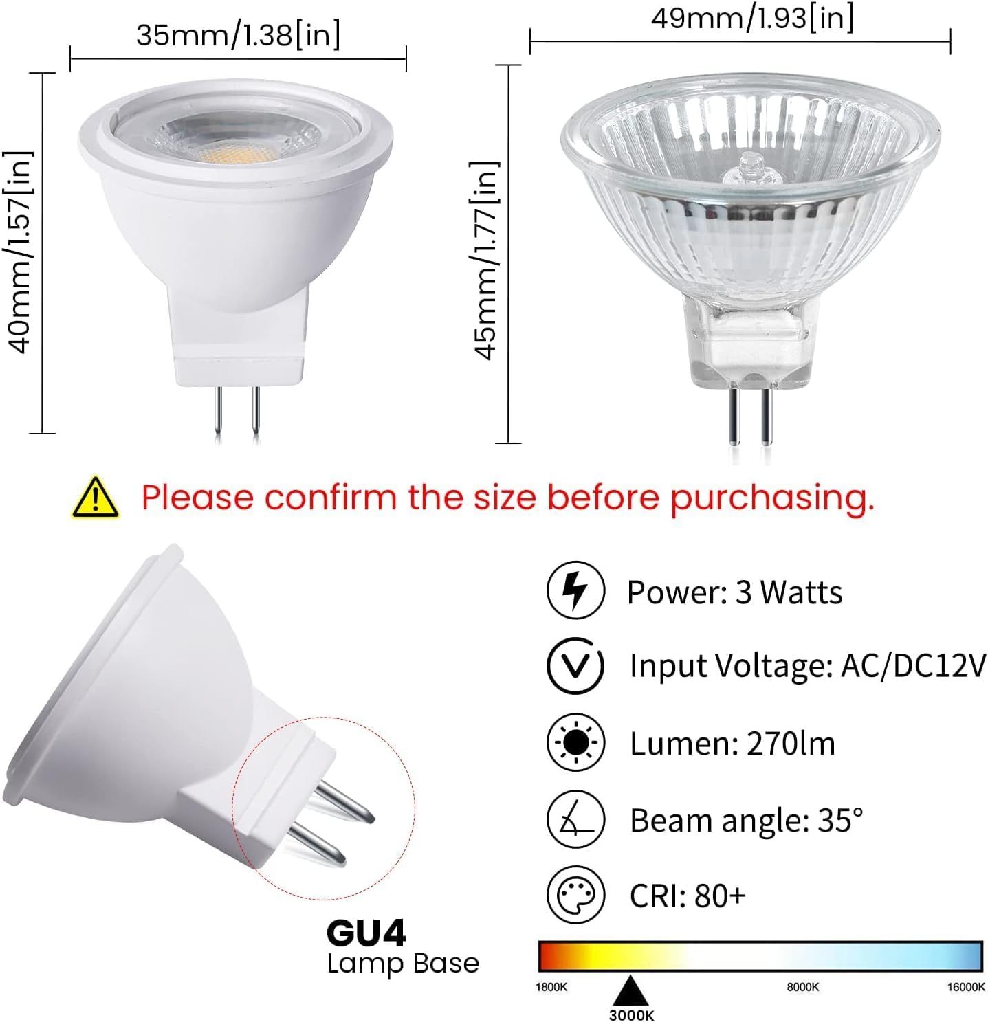 12V MR11 GU4.0 LED Light Bulb 3W G4/GU4/GZ4 Bi-Pin Base LED Spot Light Low Voltage MR11 Landscape Bulbs 25W Halogen Equivalent Warm White 3000K for Accent Recessed Lamp (4-Pack)