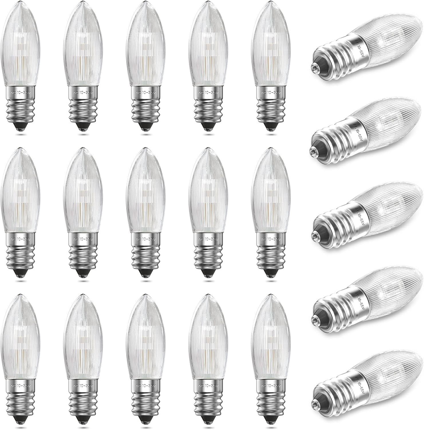 Bonlux Pack of 20 E10 Bulb Top Candle Replacement Bulbs Warm White 2200K, 0.2W, 10V-55V Corrugated Candle Conical LED Candles for Candle Arches and Christmas Lights