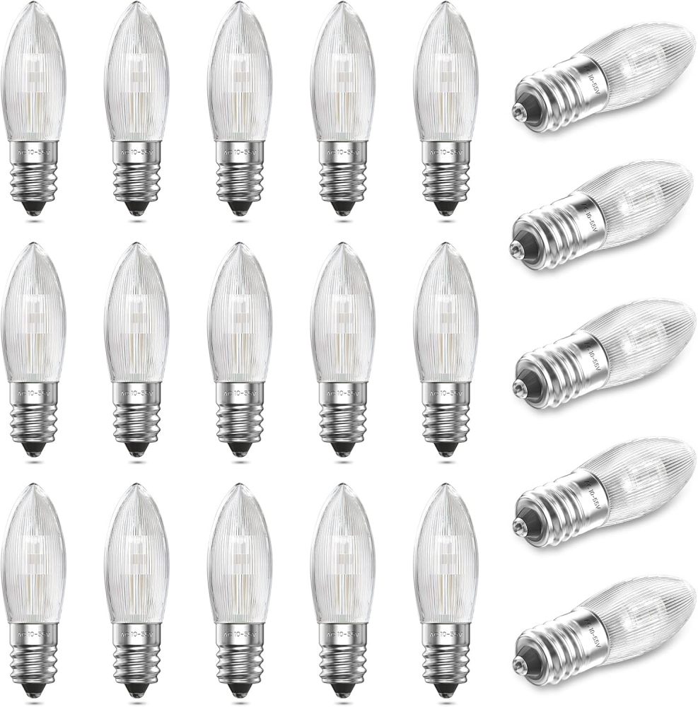 Bonlux Pack of 20 E10 Bulb Top Candle Replacement Bulbs Warm White 2200K, 0.2W, 10V-55V Corrugated Candle Conical LED Candles for Candle Arches and Christmas Lights