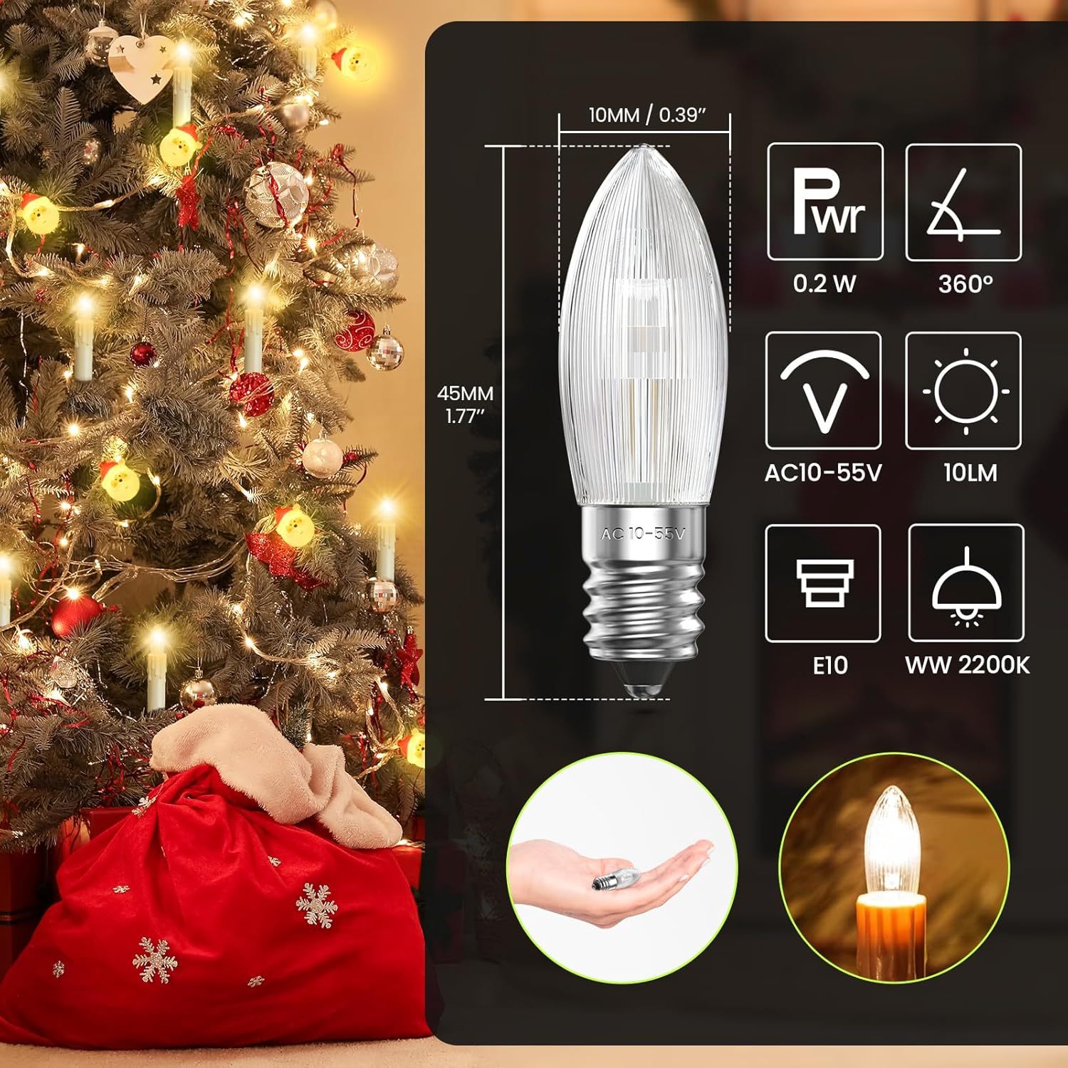 Bonlux Pack of 20 E10 Bulb Top Candle Replacement Bulbs Warm White 2200K, 0.2W, 10V-55V Corrugated Candle Conical LED Candles for Candle Arches and Christmas Lights