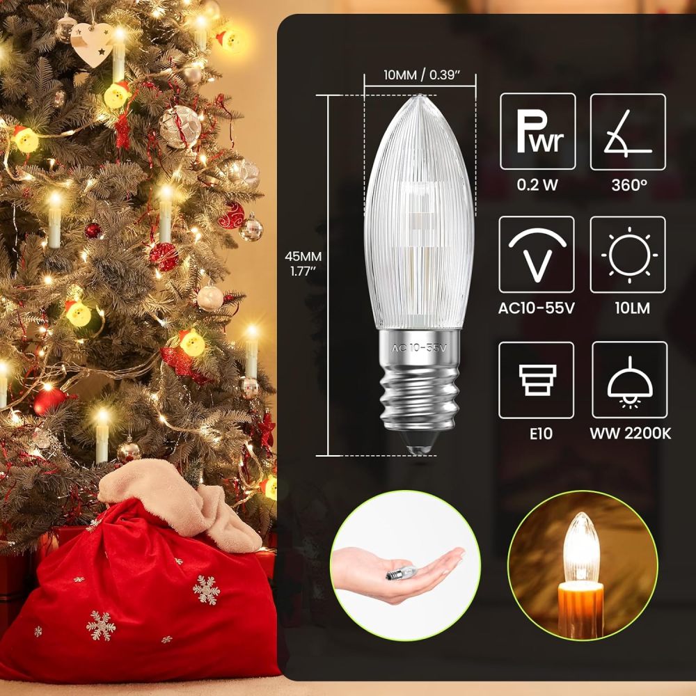 Bonlux Pack of 20 E10 Bulb Top Candle Replacement Bulbs Warm White 2200K, 0.2W, 10V-55V Corrugated Candle Conical LED Candles for Candle Arches and Christmas Lights