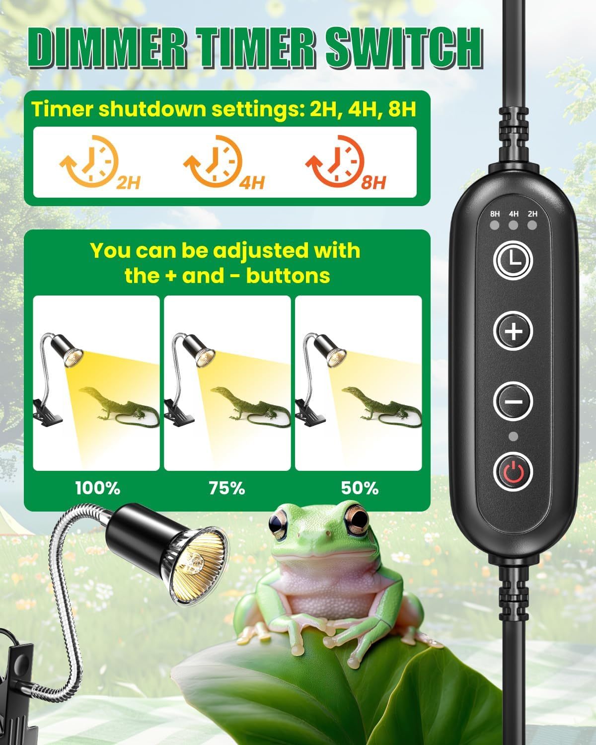 GlowUp Reptile Heat Lamp with Cycle Timer, UVA UVB Tortoise Heat Lamps with Clip, 360° Rotatable Reptile Basking Light for Reptiles Lizard, Turtle, Snake, Chameleon, E27 50W 2 Bulbs Includes