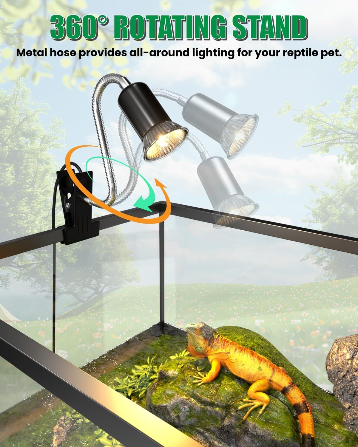 GlowUp Reptile Heat Lamp with Cycle Timer, UVA UVB Tortoise Heat Lamps with Clip, 360° Rotatable Reptile Basking Light for Reptiles Lizard, Turtle, Snake, Chameleon, E27 50W 2 Bulbs Includes
