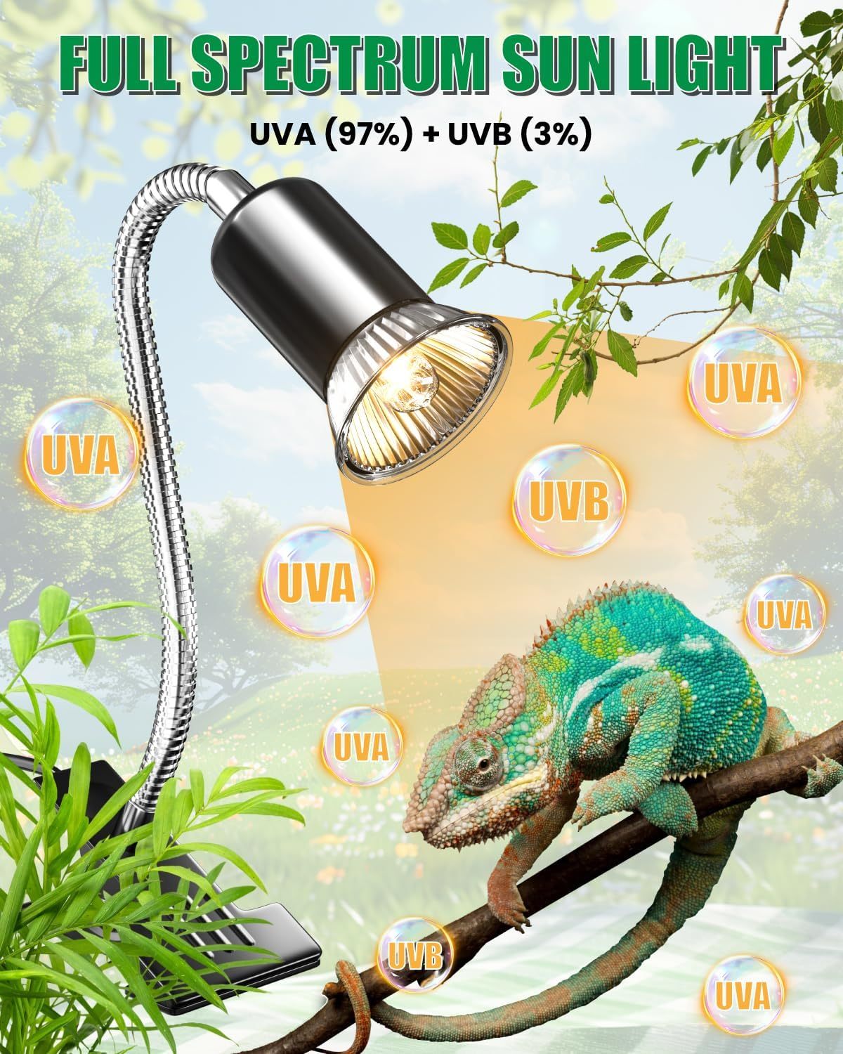 GlowUp Reptile Heat Lamp with Cycle Timer, UVA UVB Tortoise Heat Lamps with Clip, 360° Rotatable Reptile Basking Light for Reptiles Lizard, Turtle, Snake, Chameleon, E27 50W 2 Bulbs Includes