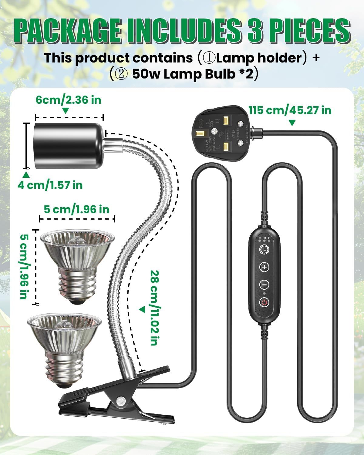 GlowUp Reptile Heat Lamp with Cycle Timer, UVA UVB Tortoise Heat Lamps with Clip, 360° Rotatable Reptile Basking Light for Reptiles Lizard, Turtle, Snake, Chameleon, E27 50W 2 Bulbs Includes