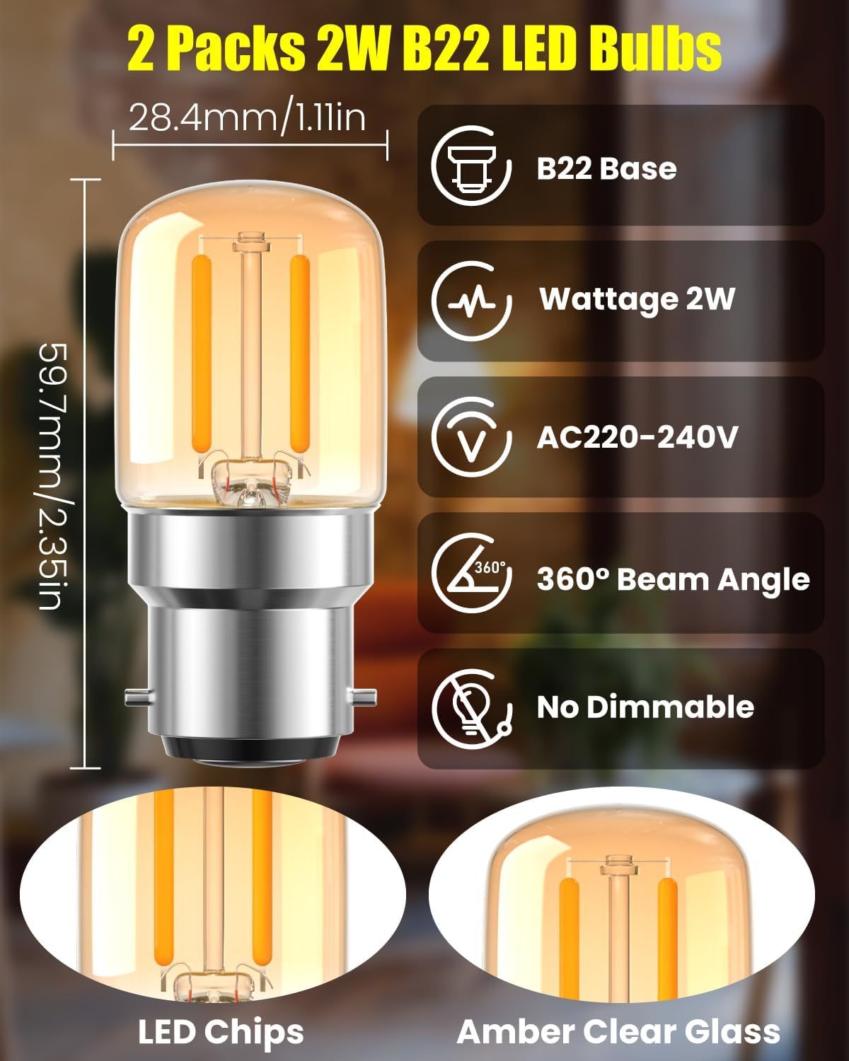 Lamptobe B22 Bayonet LED Light Bulbs 2W Night Light Bulb, Low Watt Light Bulbs Equivalent 15 Watt, T28 B22 Bayonet Light Bulb for Sewing Machine, Appliance Lamps, Night Light, 2700K Warm White, 2 Pack [Energy Class A]