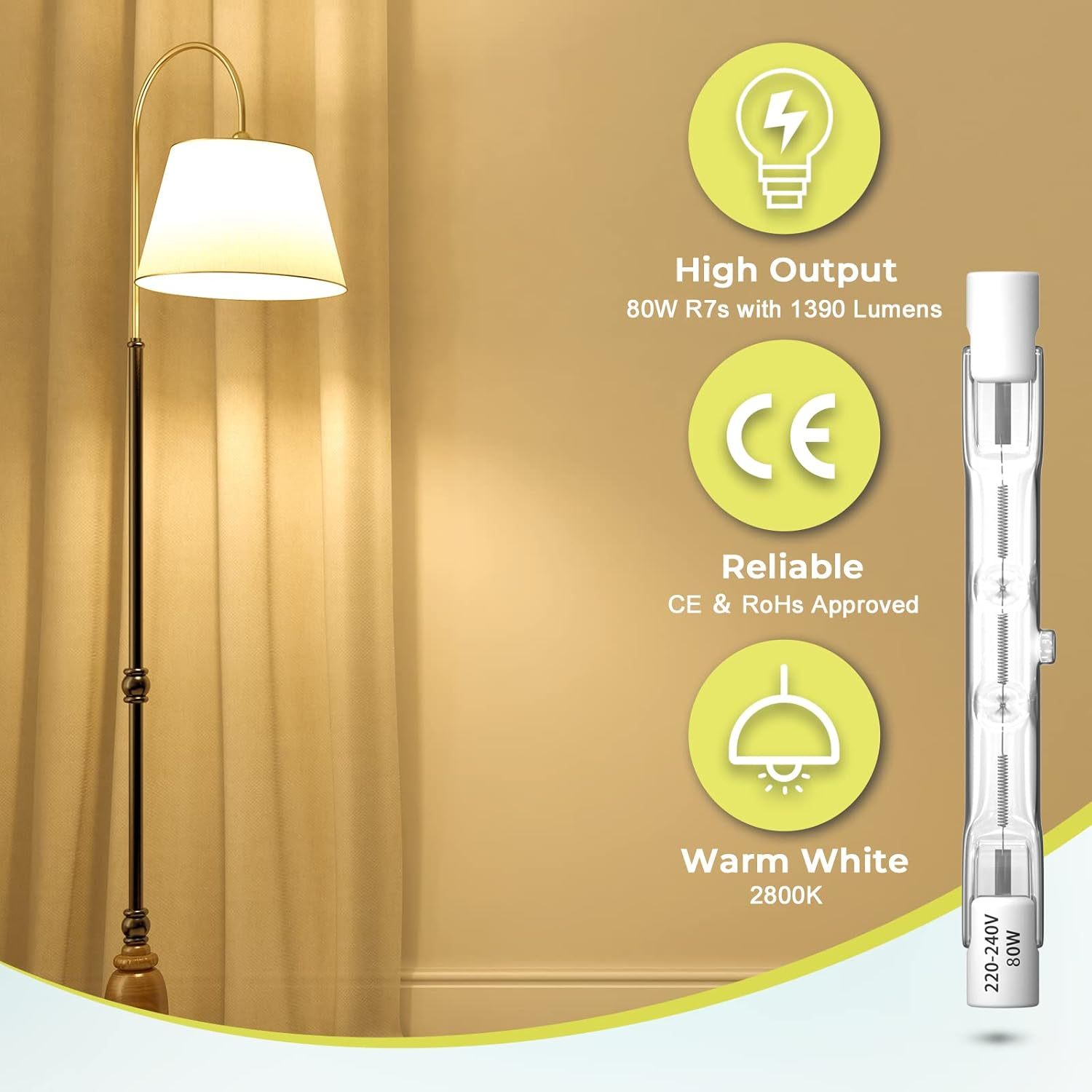 Klarlight 5 Pack 80W R7s Halogen Bulbs 78mm, Dimmable Warm White 2800K T3 J78 Double Ended Linear Floodlights, 1390LM 230V Halogen Tungsten Bulbs for Work, Security, Ceiling Lights, Landscape Lights